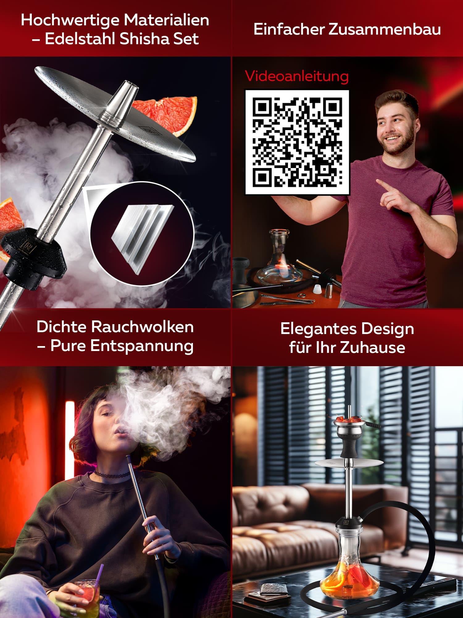 M. ROSENFELD Edelstahl Shisha Set Komplett - SSS Reise Shisha Köpfe und Shisha Zubehör incl. 150cm Shisha Schlauch mit Mundstück + Shisha Kaminkopf