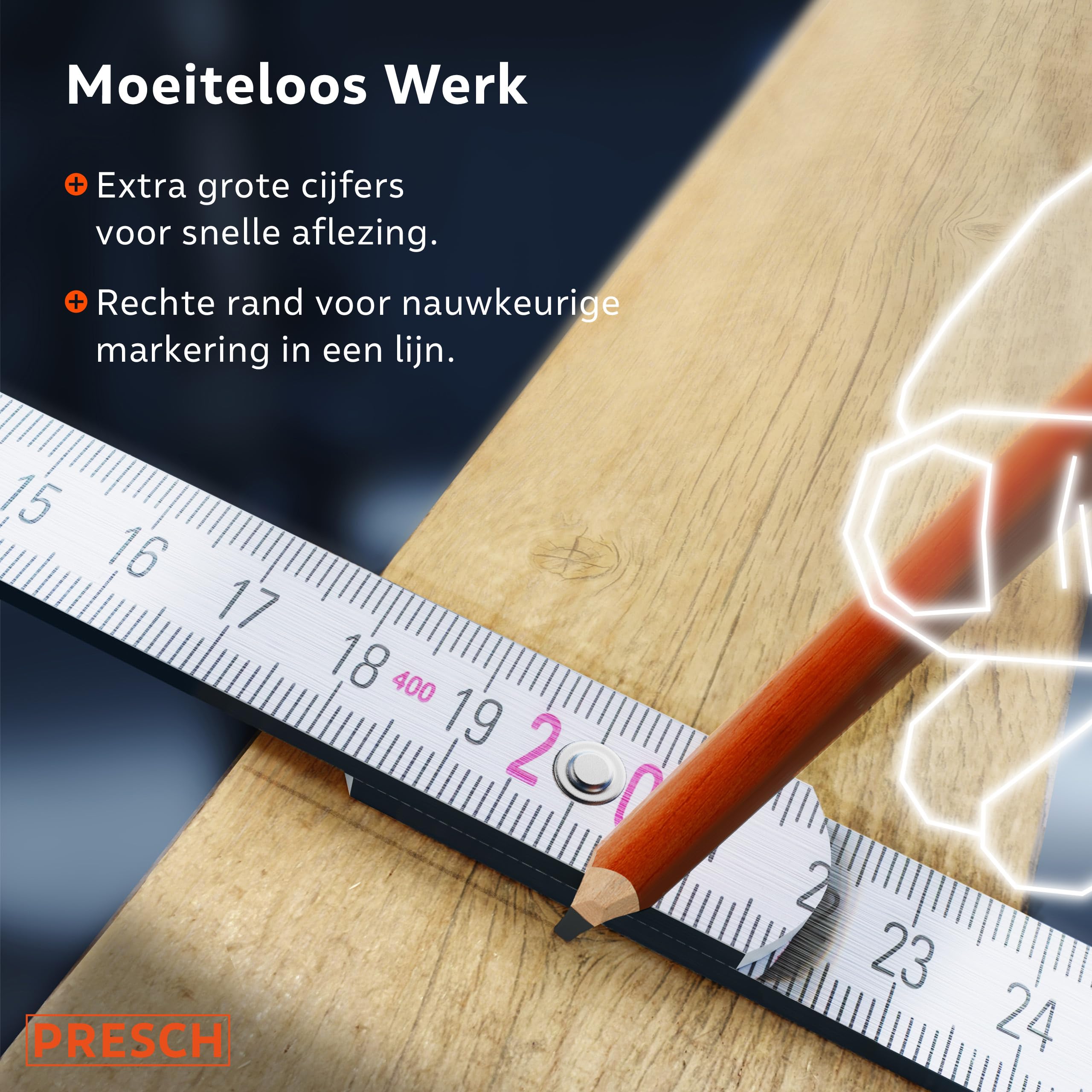 Presch Duimstok 2m met hoekenschaal | Hout | Oranje | Opvouwbaar | Grote en zeer leesbare cijfers | Nauwkeurige vergrendeling | Folding rule, vouwmeter 2m, meter stick met gereedschapsmotief