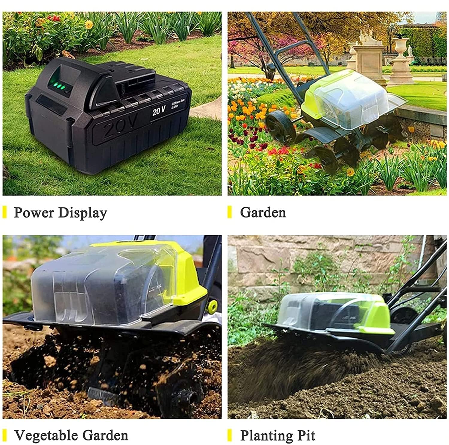 Motobineuse de Jardin, motobineuse/cultivateur de Jardin électrique, cultivateur sans Fil Rechargeable avec 4 Dents en Acier, rotateur de cultivateur de Sol sans Fil pour motobineu