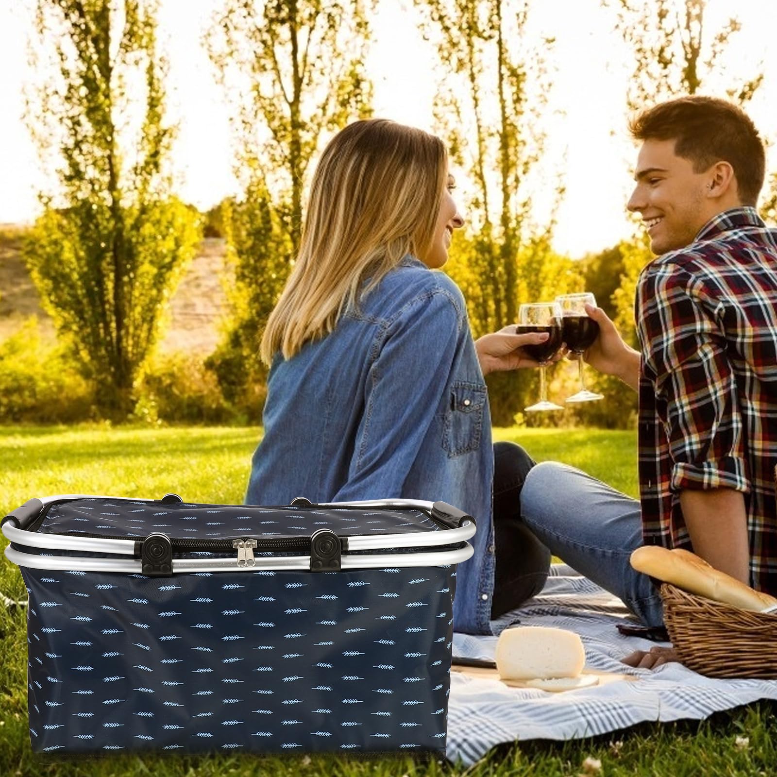 FOMIYES Paquet Isotherme 30l Portable pour Repas à Emporter, Grand Paquet de Pique-niques Bleu Motif Plume, Maintien Chaud Frais, Glaciere Souple pour Livraison et Usage Extérieur
