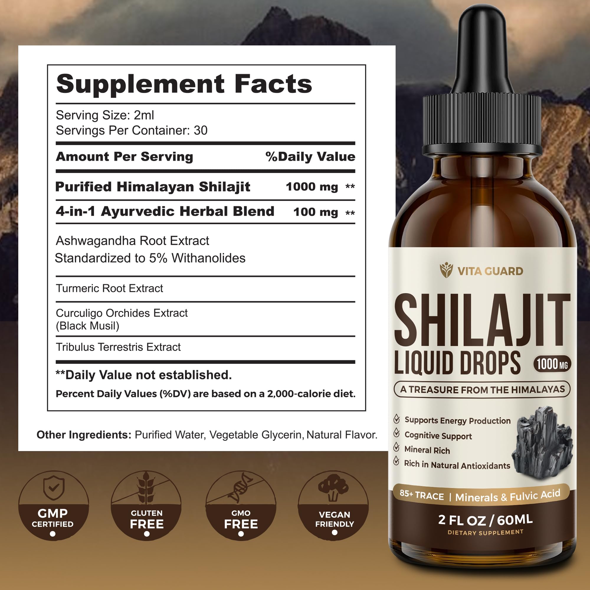Himalayan Shilajit Liquid Drops – 1000mg Energy & Immunity Support with 85+ Trace Minerals & Fulvic Acid – Strength, Vitality Supplement for Men & Women – 30-Day Supply — Amazon image 3