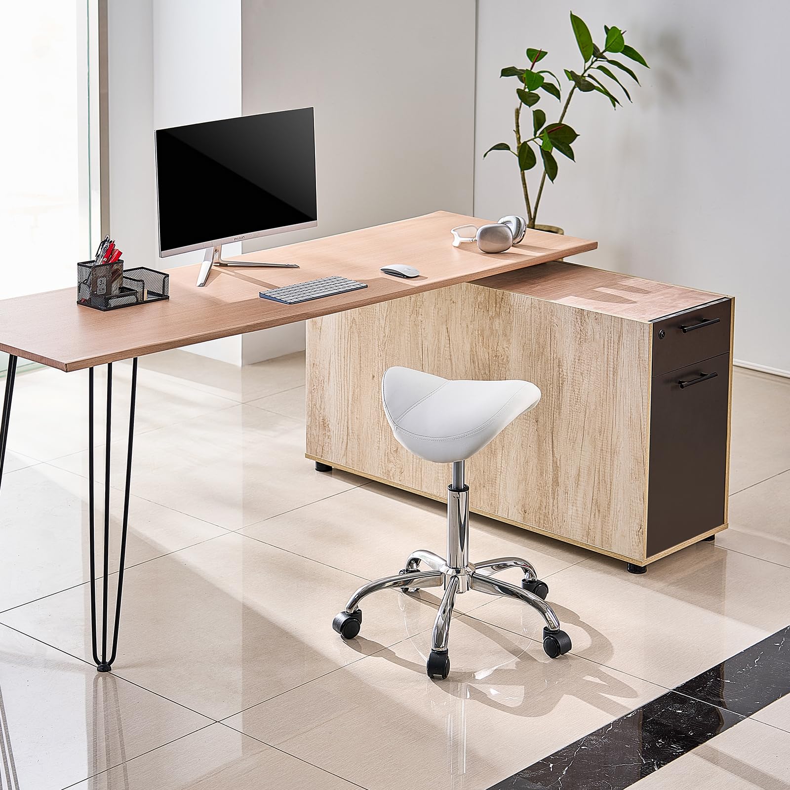 VEVOR Taburete Giratorio de Altura Ajustable de 55-71 cm, Carga de 204 kg, Taburete de Trabajo, Silla de Montar Giratoria Ergonómica de Cuero de PU Engrosada para Salón SPA Clínica de Masaje, Blanco
