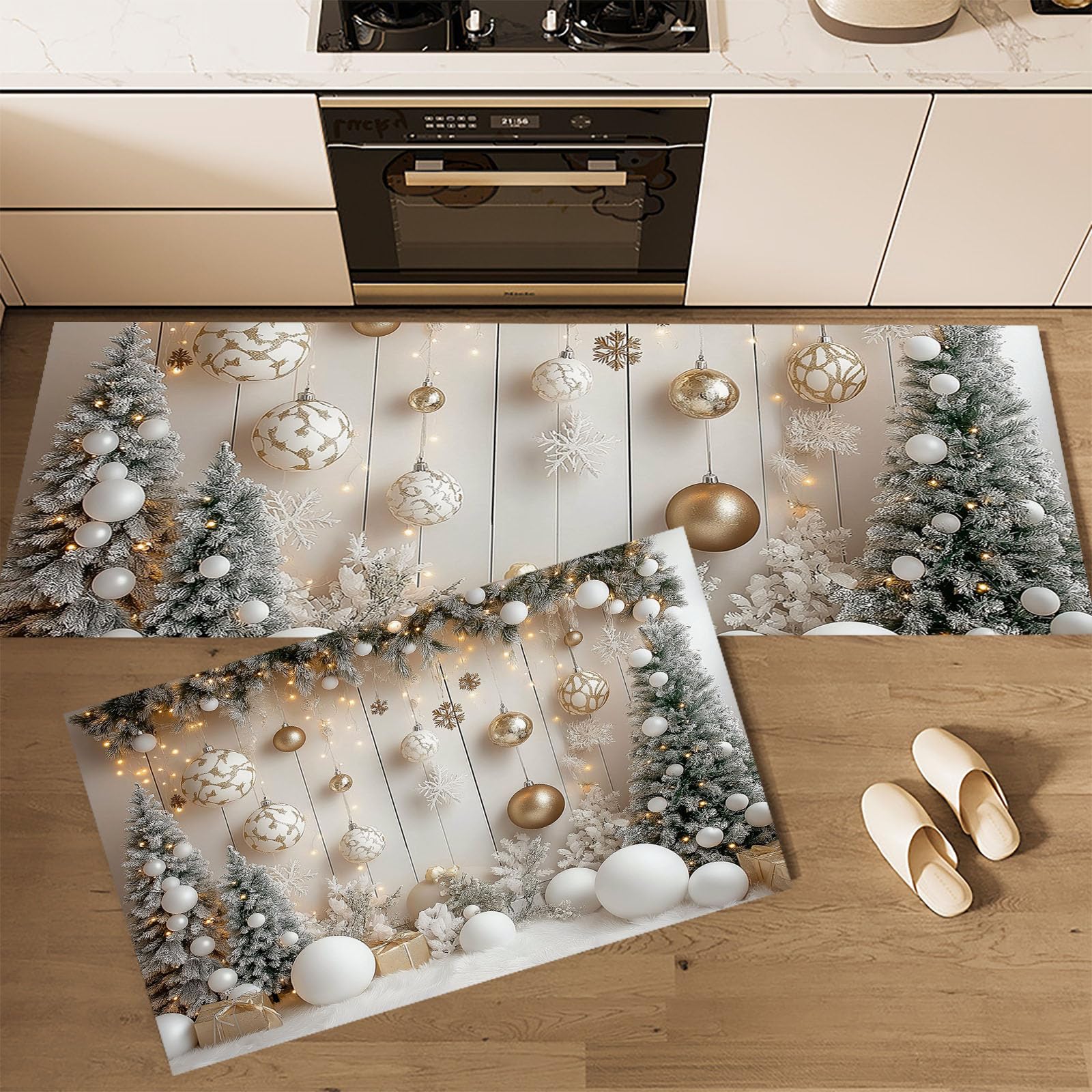 Set di 2 Tappeti da Cucina Sfondo Natalizio, Tappetini da Cucina Lavabili, Runner Antiscivolo Tema Del Festival Tappetino Assorbente per Ingresso, Beige,