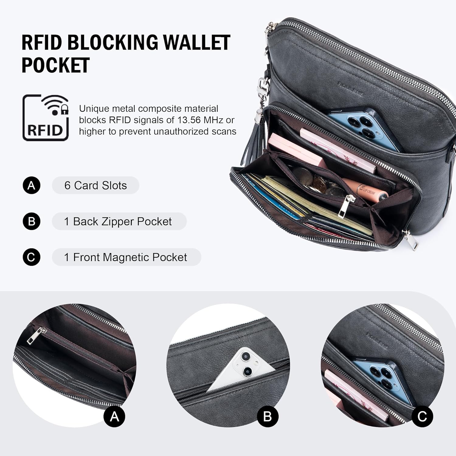 Roulens Crossbody Purse for Women Vegan Leather Medium Crossbody Wallet Bag for Travel Women Shoulder Handbags with Tassel - Image 2