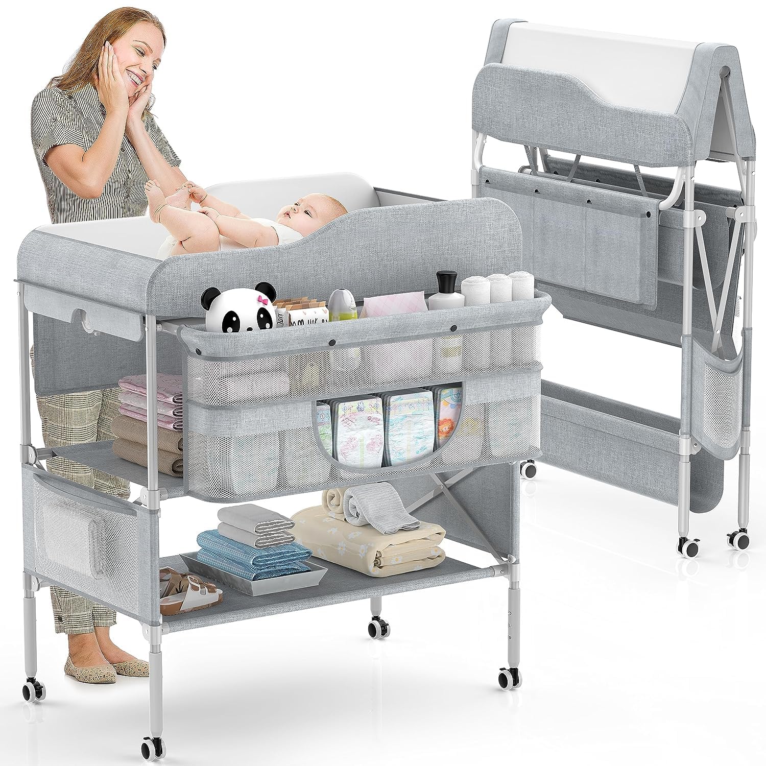 SKADE Portable Adjustable Baby Changing Table, Foldable Changing Table Dresser Changing Station for Infant, Waterproof Diaper Changing Table Pad Topper, Mobile Nursery Organizer for Newborn Essentials