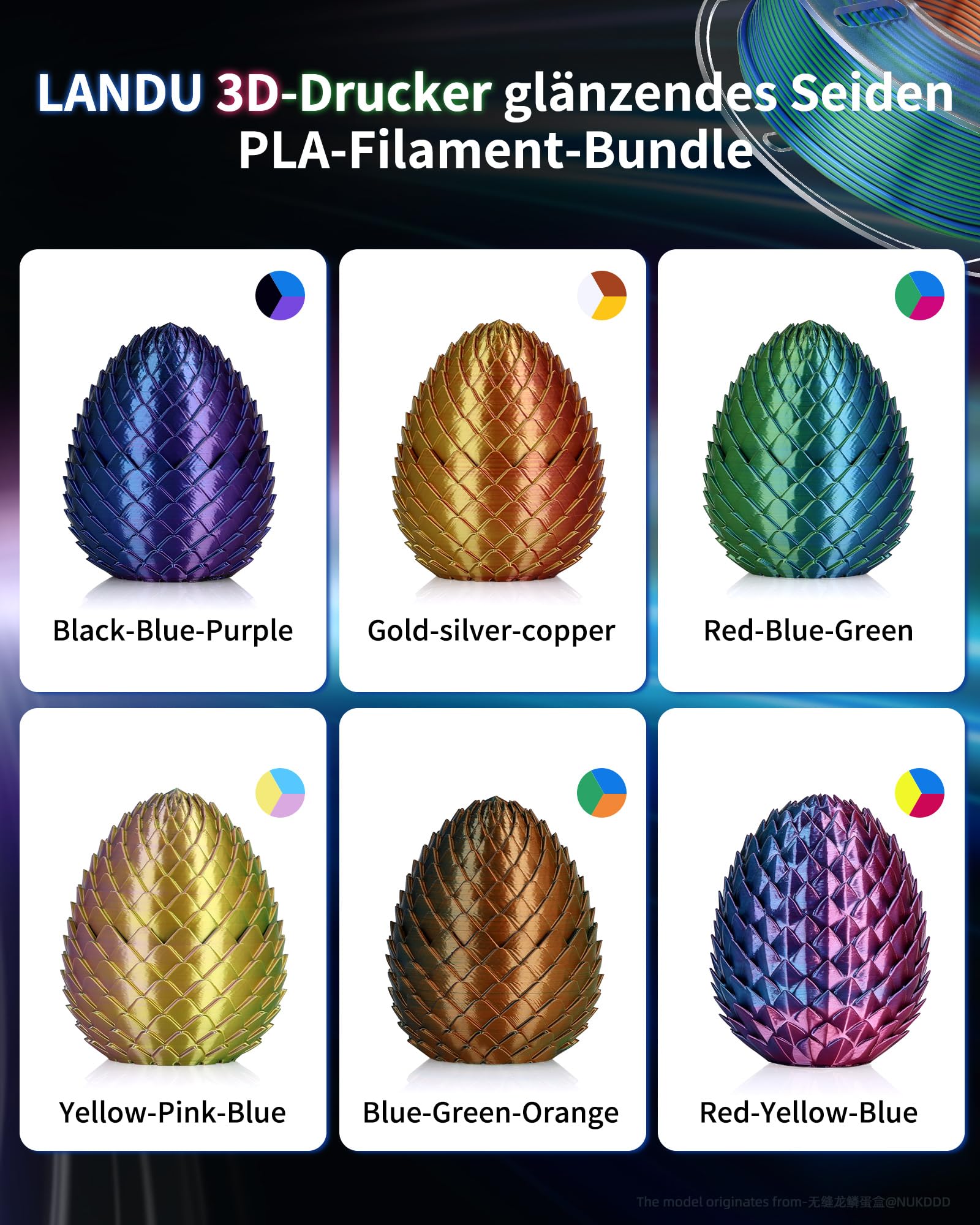 LANDU Silk PLA Filament Bundle Silk Dual Color PLA filament 1,75 mm do drukarki 3D filament Coextrusion Filament PLA Multiple Color PLA dokładność pomiaru +/- 0,02 mm, 4 opakowania szpul 250 g