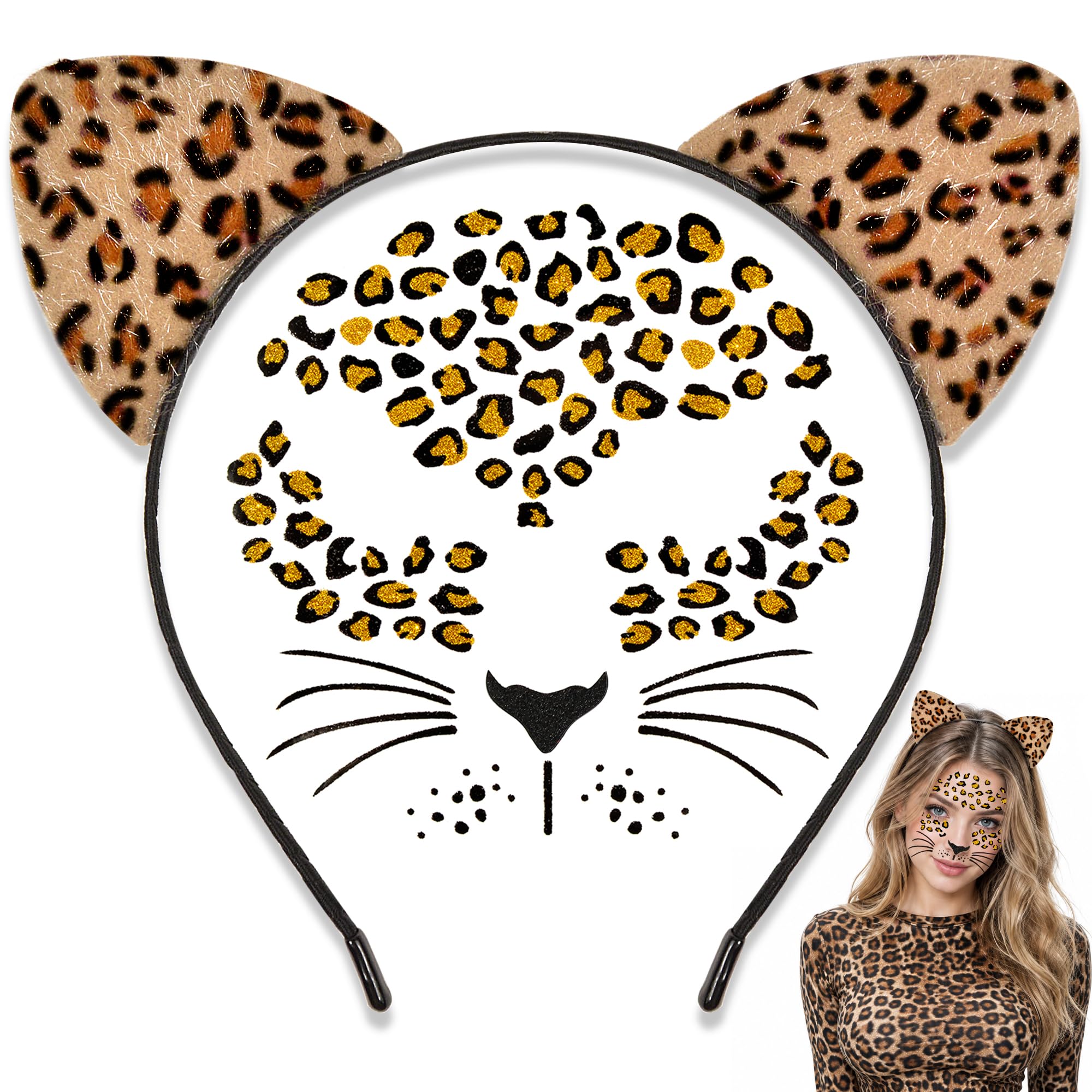 Cheetah Ears Headband with Temporary Tattoos, Leopard Ears Headband & Leopard Face Stickers Tattoos Cheetah Costume for Adult Women, Halloween Animal Ears Headband Cat Ears Costume Accessories