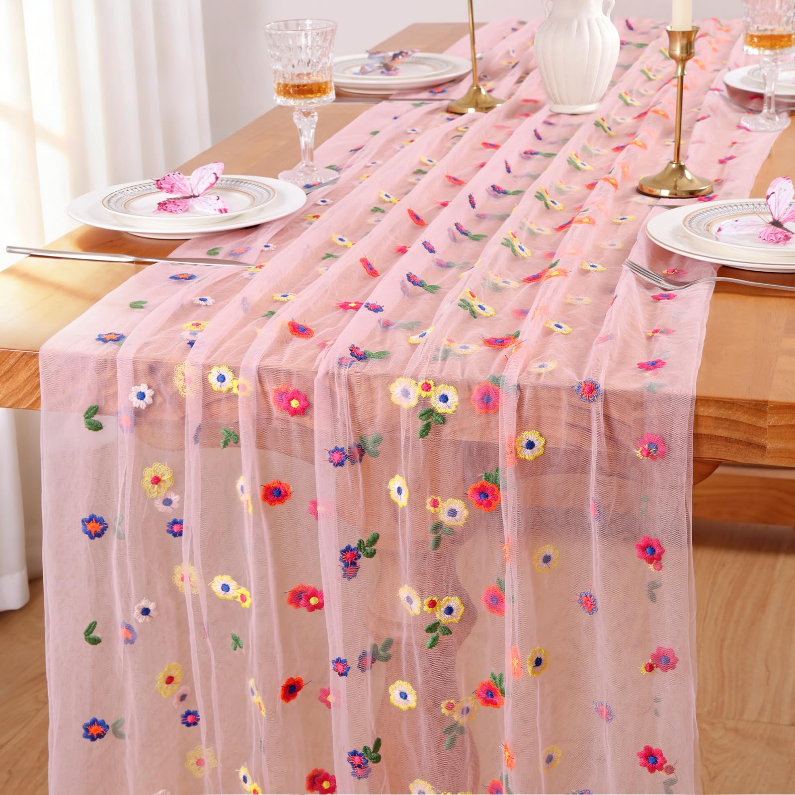 Dremisland Pink Embroidery Daisy Gauze Table Runner Summer Decor 120 Inch Boho Gauze Cheesecloths Dining Table Runner Flower Table Decor Tulle Table Cover for Kitchen Home Party Wedding Birthday