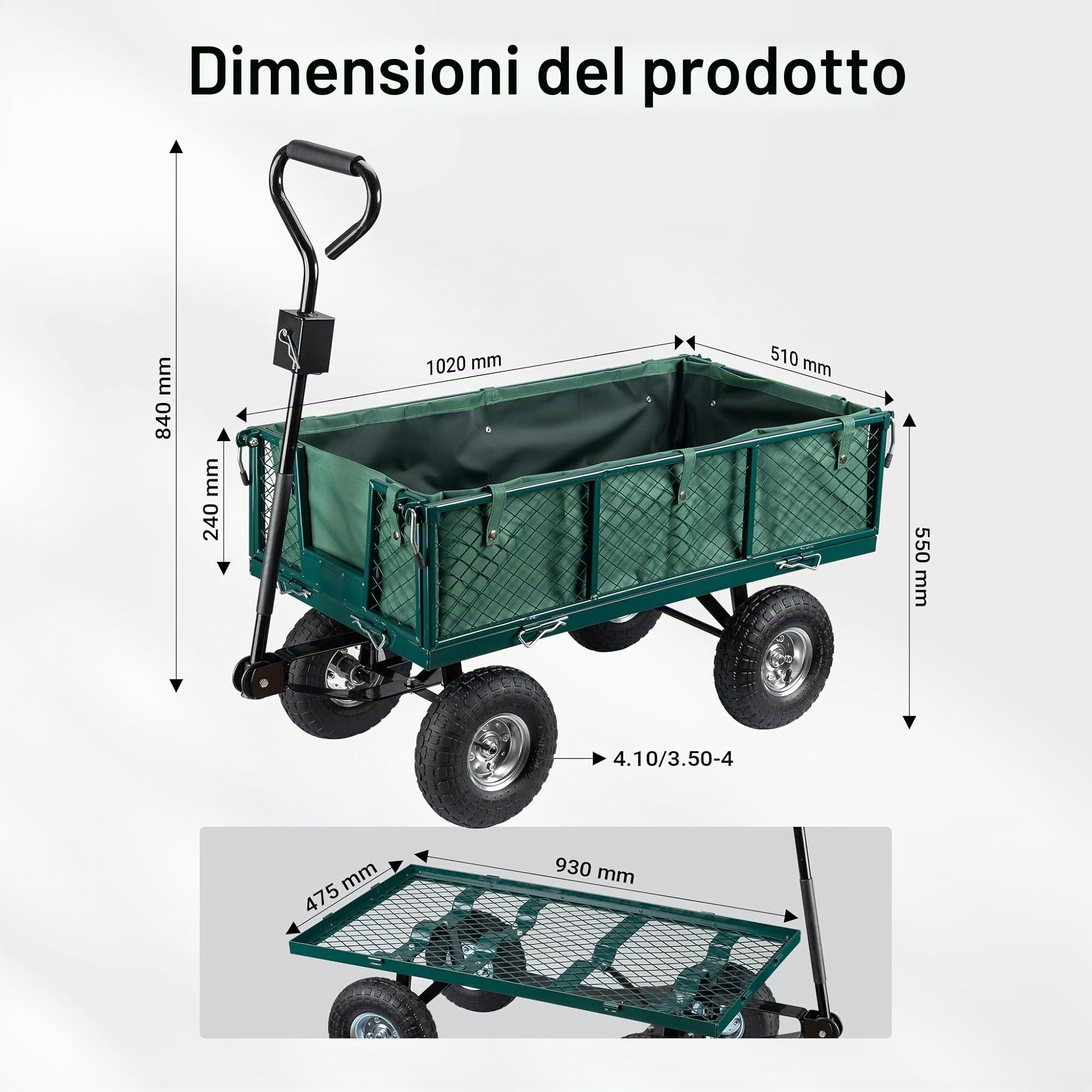 Wiltec Carrello da trasporto con sponde ribaltabili max 300 kg, incl.telone, per giardino campagna