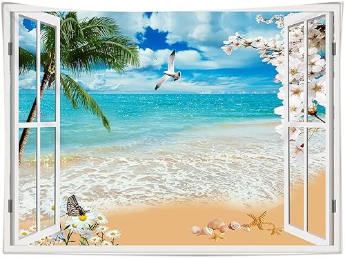 Miniatura 3 de HVEST Tapiz de océano para decoración de pared, diseño de estrellas de mar, gaviota y palmera, manta para colgar en la pared, tapiz de playa