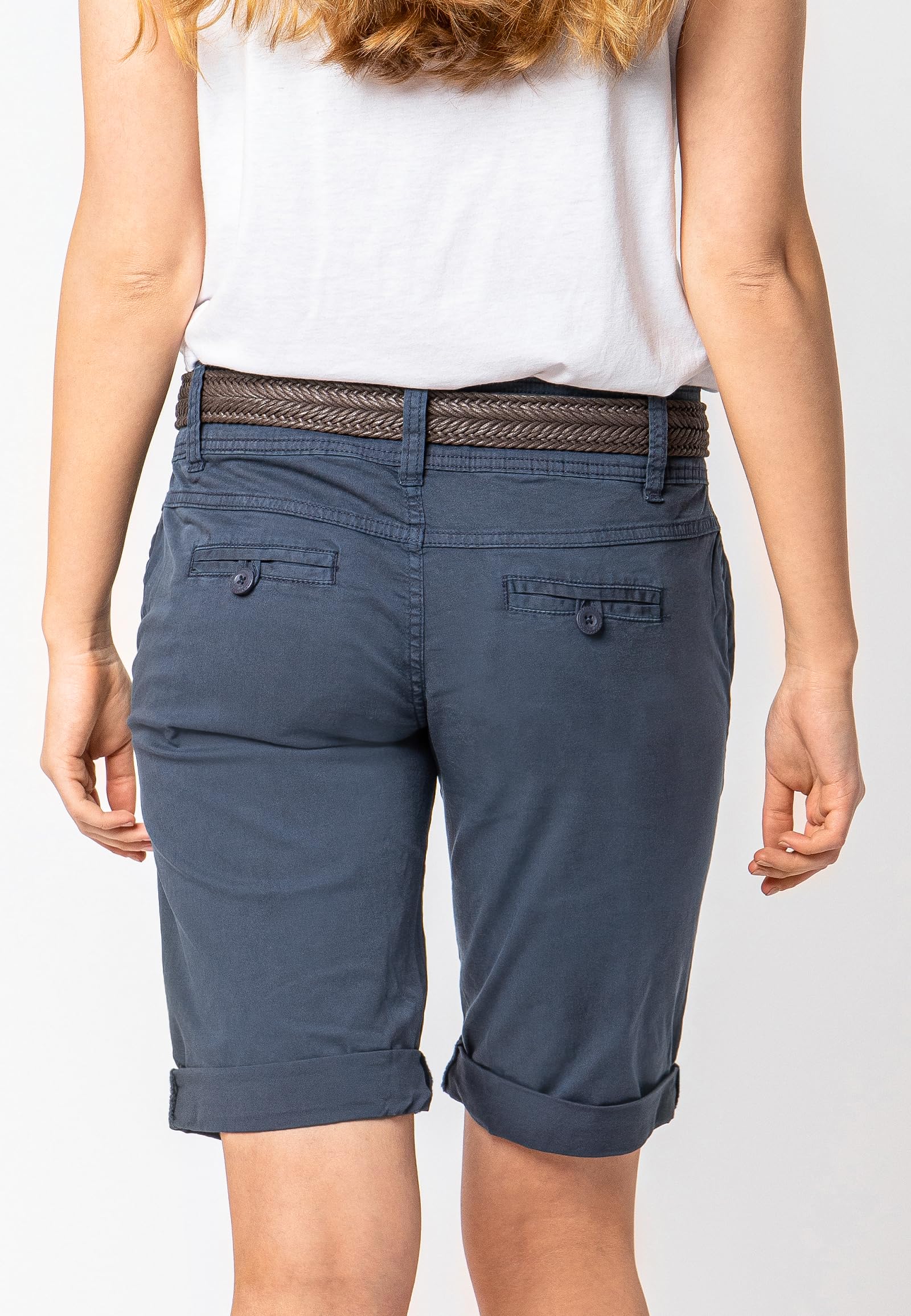 FRESH MADE Damen Bermuda-Shorts im Chino Style mit Gürtel Baumwoll Stretch Twill