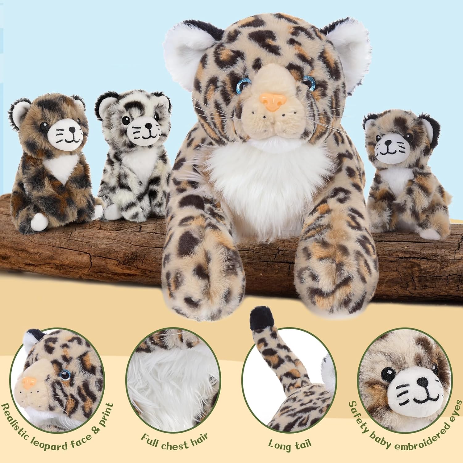 MorisMos Cheetah Stuffed Animal with Babies for Girl Kid,18'' Large Mommy Cheetah with Cub Plushies,Mama and Baby Leopard Stuffed Animal Plush Toys,Realistic Leopard Toy Gifts for Birthday Party Decor