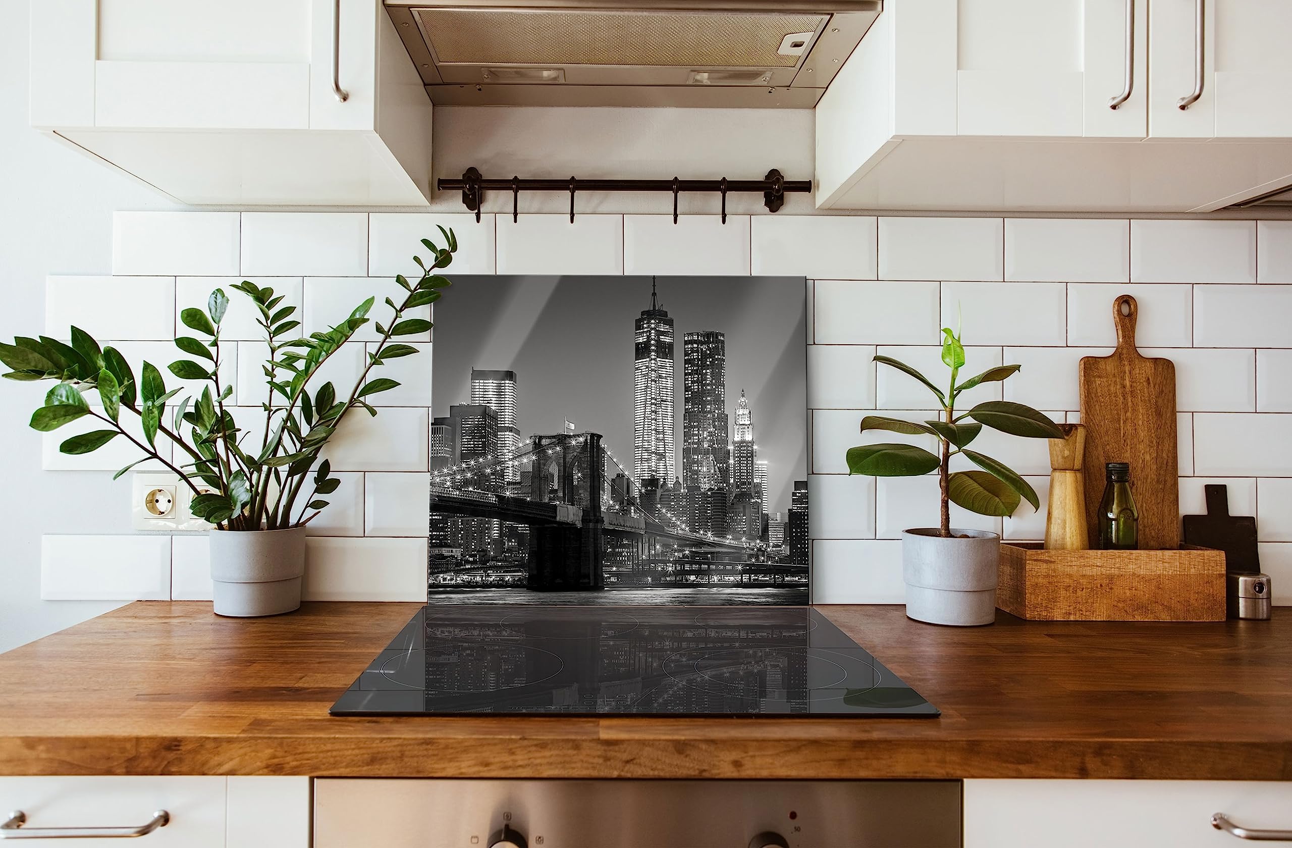 New York City Skyline bei Nacht Herdabdeckplatte & Spritzschutz aus Echtglas | Für Herd-Kochfelder | 60x52 cm