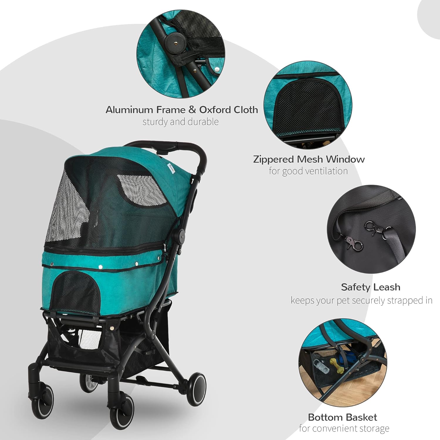 PawHut Pet Travel Stroller Dog Cat Pushchair One-Click Fold Jogger Trolley with EVA Wheels Brakes Basket Storage Bags Adjustable Canopy Zippered Mesh Window Door Blue : Pet Supplies