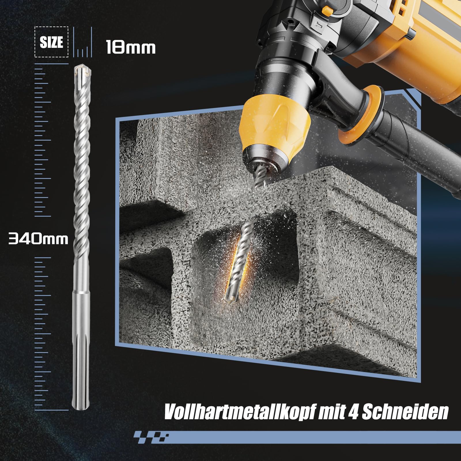SDS Max - Broca para hormigón (18 x 340 mm, con 4 cortes de metal duro y doble hélice), para hormigón, piedra, piedra natural