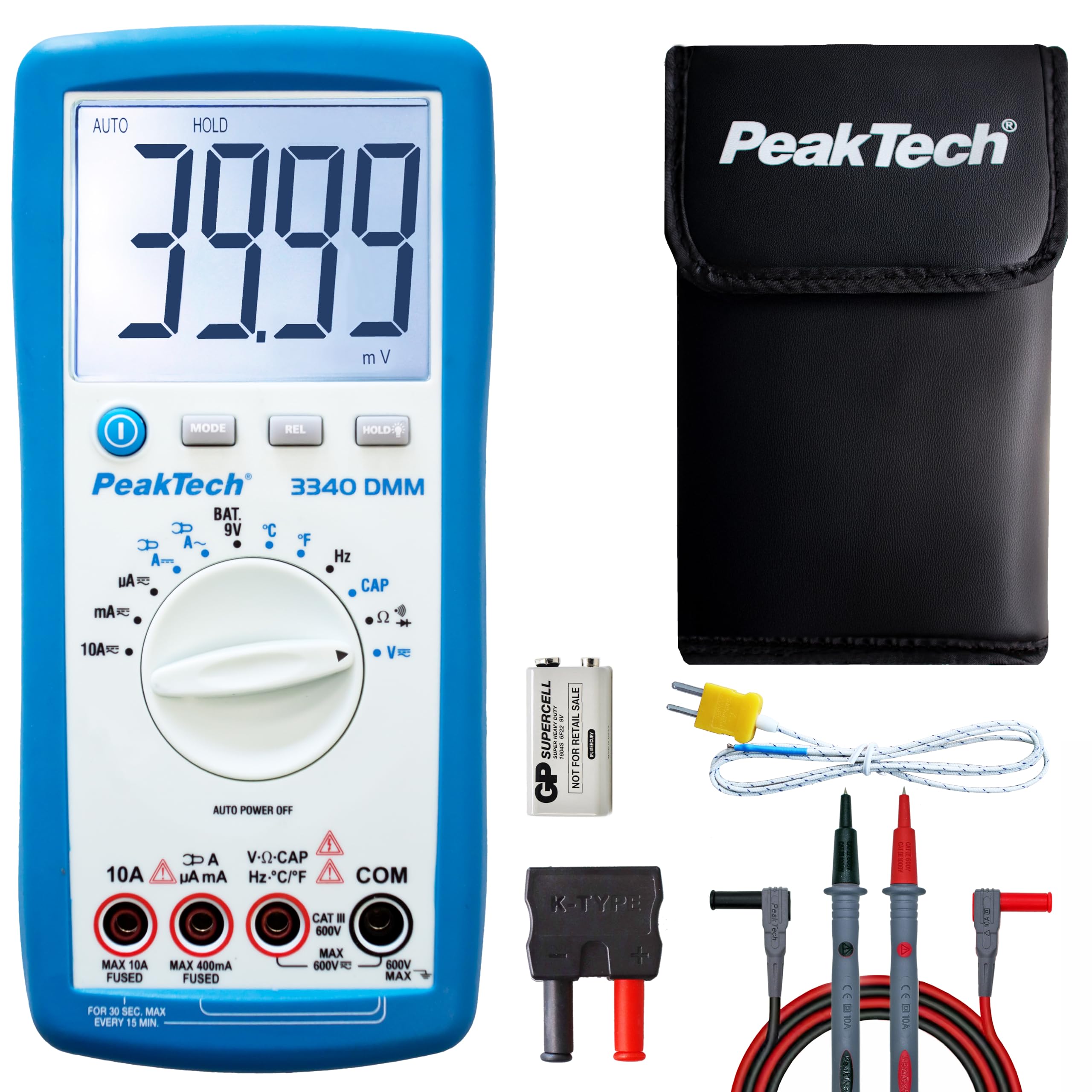 PeakTech 3340 – Multimetro digitale True RMS con Schermo LCD extra large, 4000 conteggi, Autorange, REL, Data-Hold, Voltmetro, Tester di continuità, Strumento di misura - CAT III 600 V