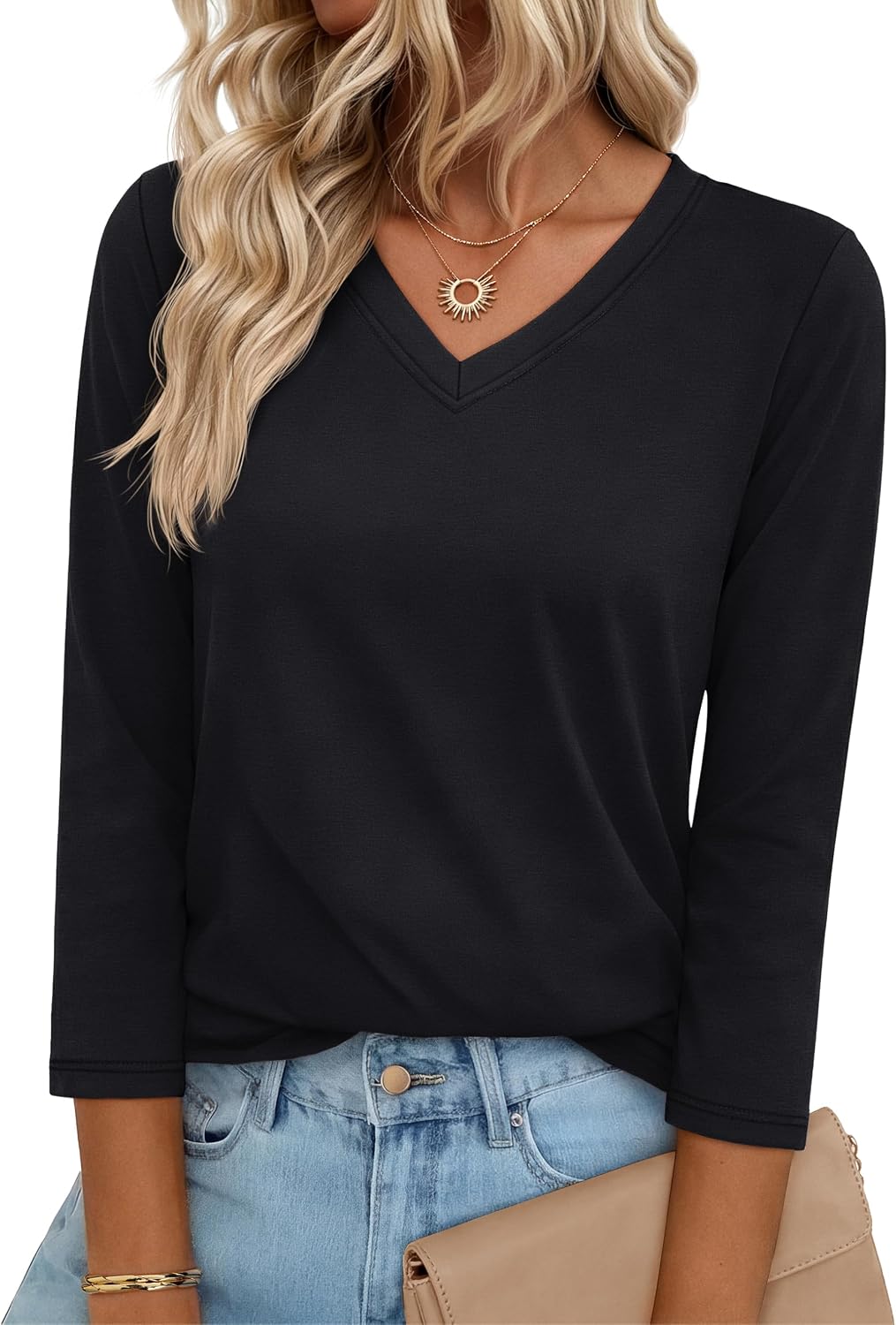 YUCOLEN 3/4 Length Sleeve Womens Tops V Neck T Shirts Dressy Casual Blouses for Women Summer Clothes Cotton Basic Tees
