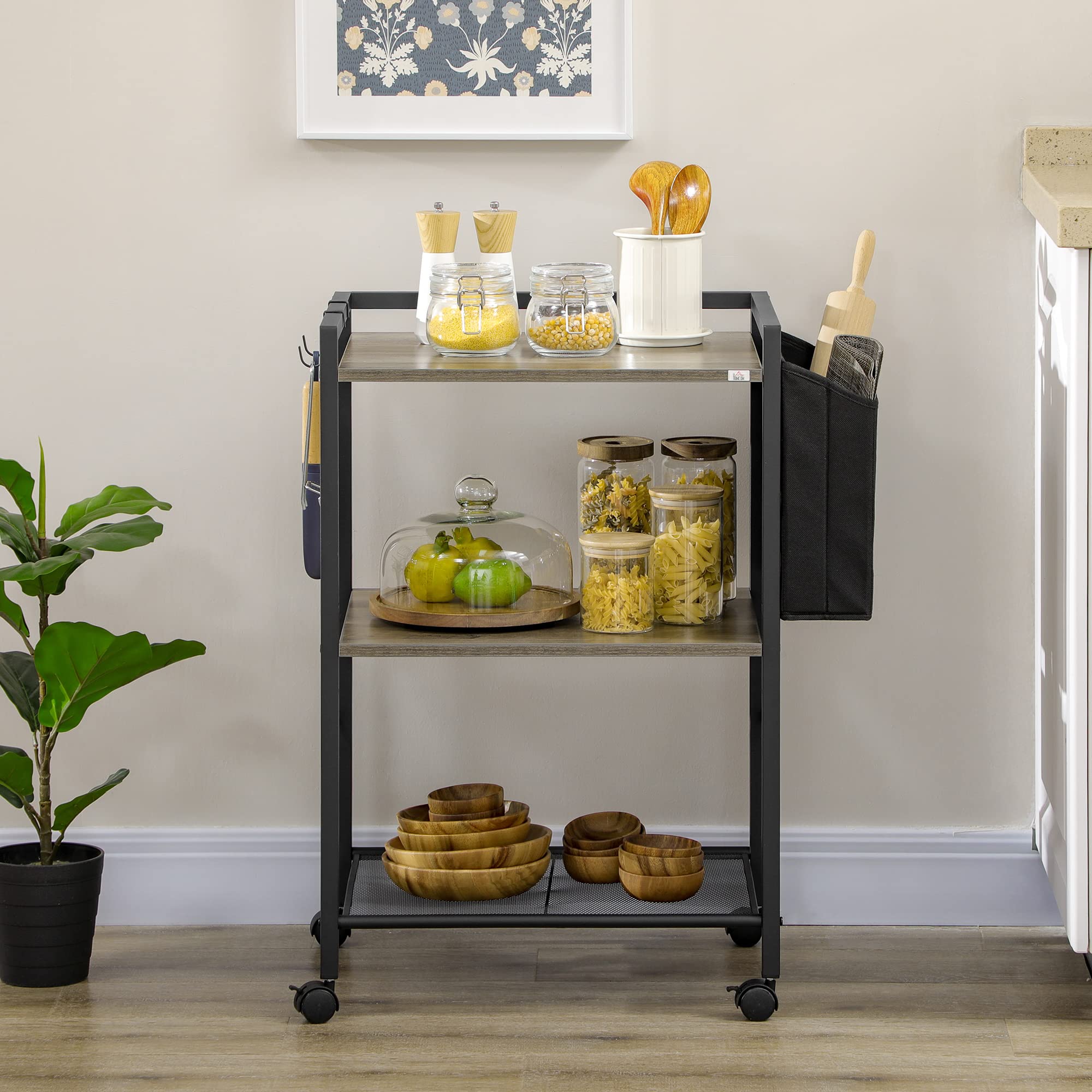 HOMCOM Carrito Auxiliar con Ruedas Carrito de Almacenamiento de 3 Niveles con Bolsa de Tela 2 Ganchos y Marco de Acero para Salón Cocina Comedor 66x40x80,5 cm Gris