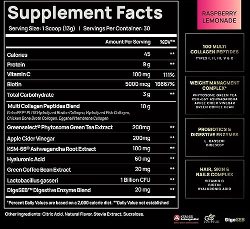 Miniatura 2 de Polvo de quemadura de colágeno súper para mujeres con ácido hialurónico, KSM66, vinagre de manzana C, probióticos, biotina, proteína de péptidos de