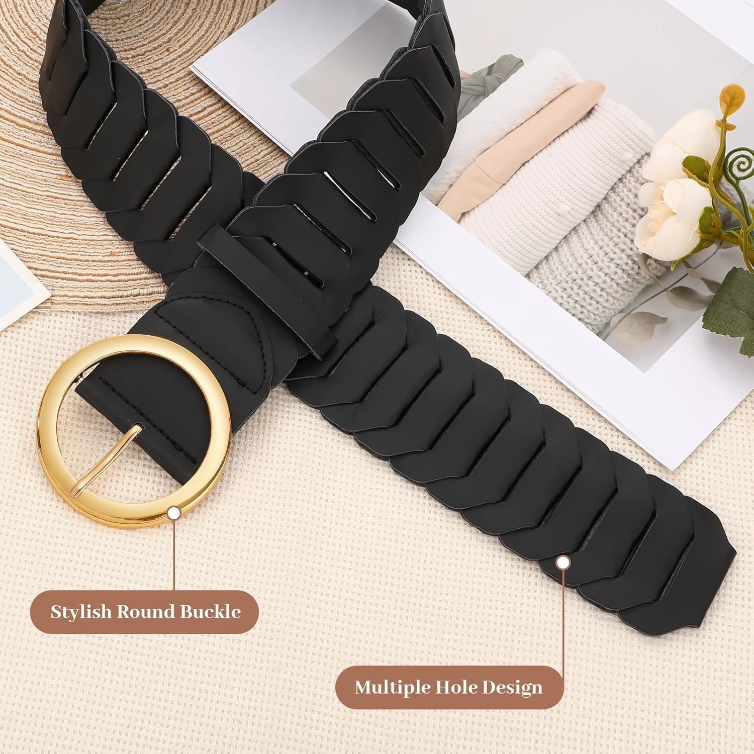 WHIPPY Wide Belts for Women with Fashion Round Gold Buckle Vintage Ladies Braided Wide Waist Belts for Dresses Coats - Image 2