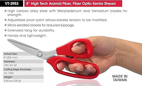 Miniatura 6 de VAMPLIERS - Tijeras de Kevlar de fibra óptica de 8 pulgadas, tijeras de acero al carbono de grado industrial, corta kevlar, dyneema, espectros,