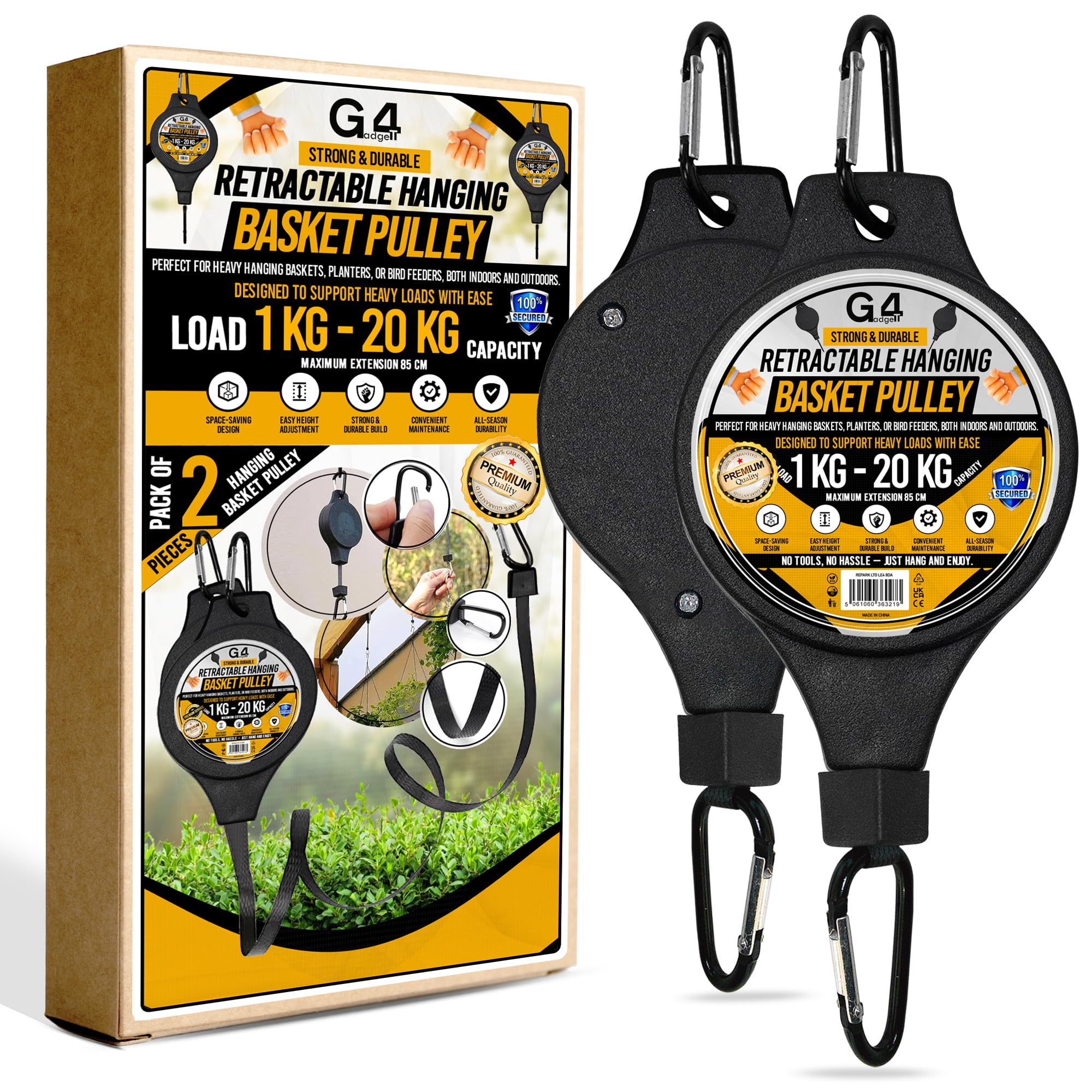 G4GADGET 2 Pack Hanging Basket Pulley Hooks β Adjustable Plant Hanger Pulley for Hanging Basket, Bird Feeder β Heavy Duty Retractable Garden Pulley System, Max Load 20kg