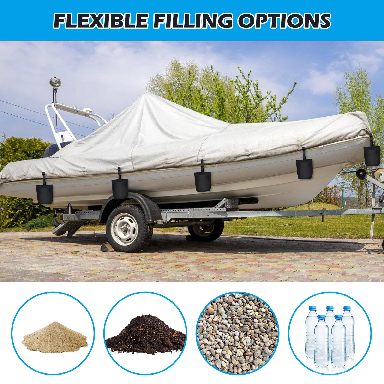 PORFOYO Lot de 8 sacs de sable à remplir pour tonnelle, sacs de sable, petits poids de tonnelle, avec clips de fixation, ensemble de sacs à eau pour protection contre le vent, lestage