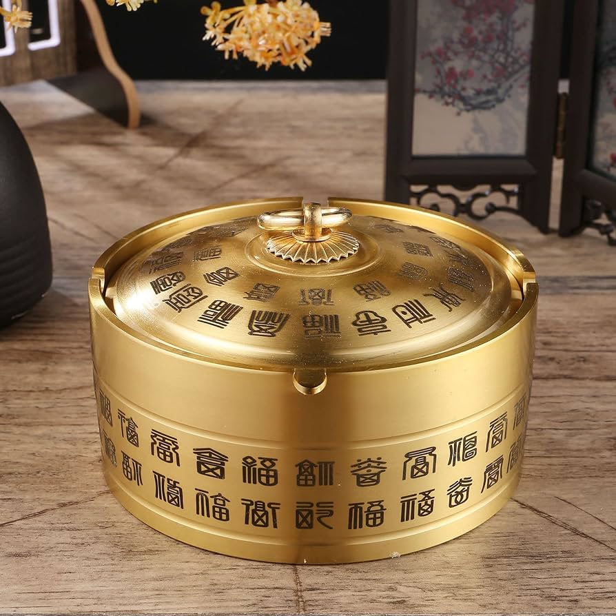 Amazon.com: xiexuelian 纯黄铜家用车载百福烟灰缸防灰带盖烟缸