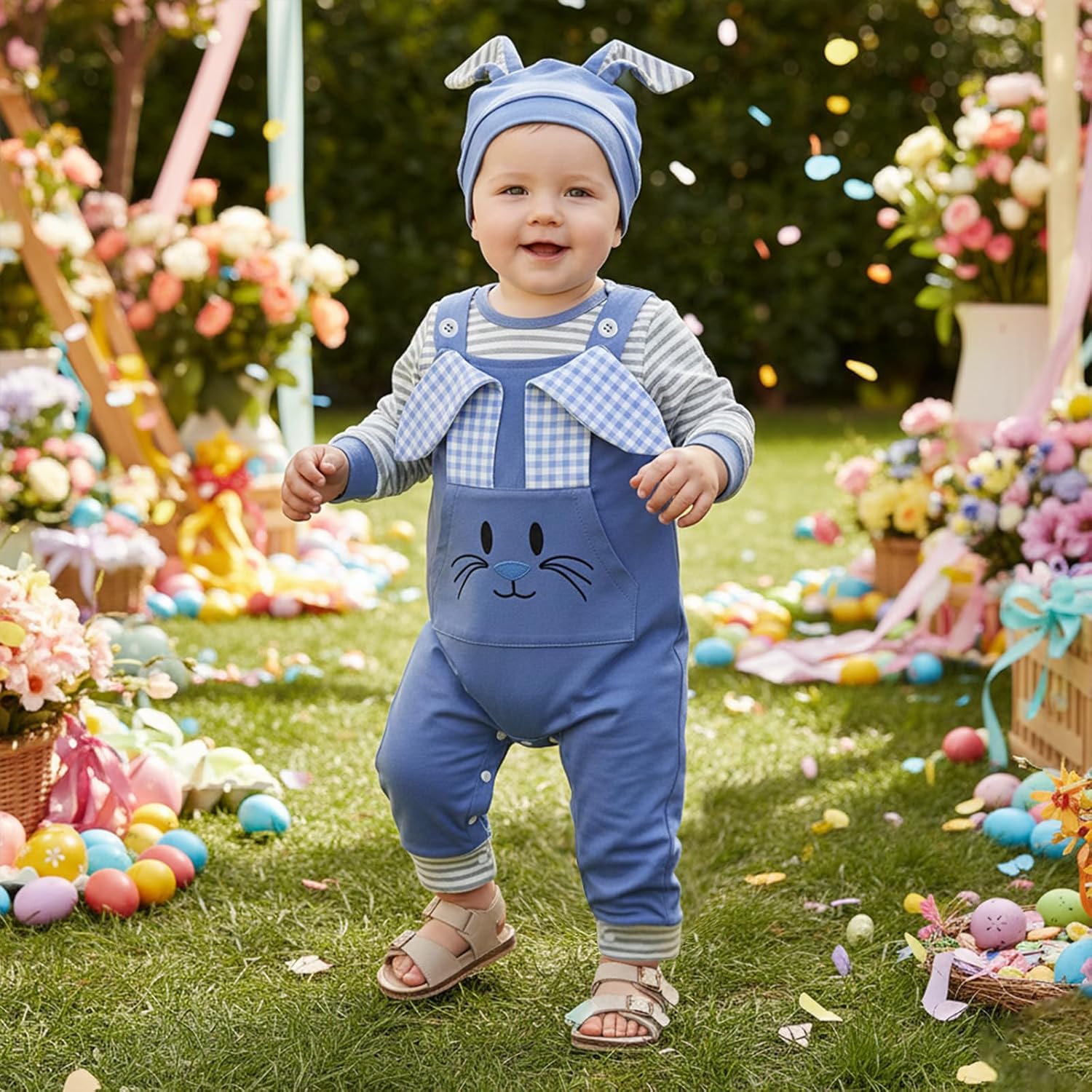 BeQeuewll My First Easter Baby Boy Outfit Infant Stripe Romper Bunny Letter Embroidery Overalls Pants Set Newborn Outfits - Image 3