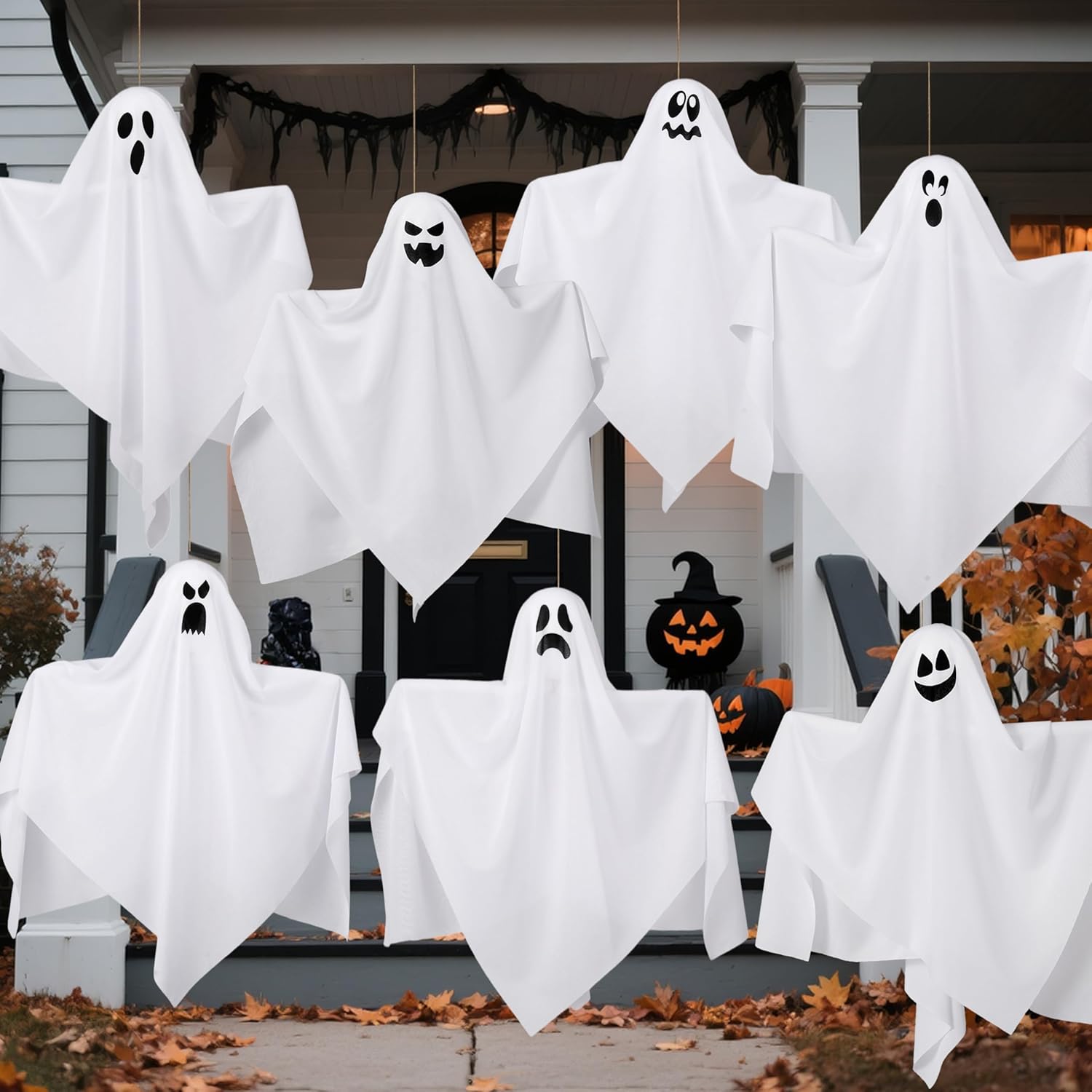 JOYIN 7 Pcs Halloween Hanging Ghost Decorations Outdoor, 19.6” Flying White Ghost Decor for Halloween Tree Front Yard Patio Lawn Garden Party and Holiday Décor