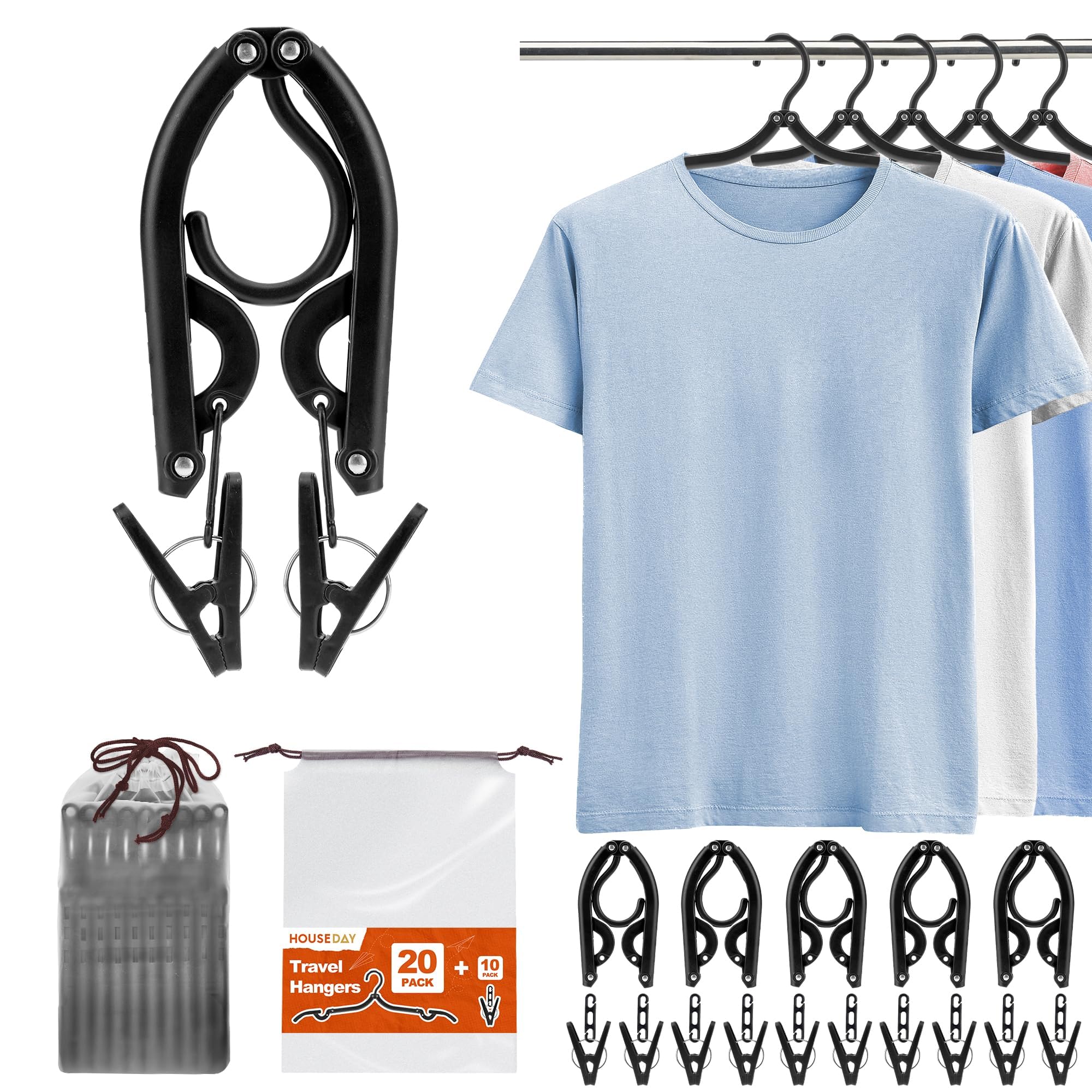 HOUSE DAY Cruise Essentials 2025 - Grucce pieghevoli da viaggio, confezione da 20 pezzi, con 10 clip, appendiabiti portatili pieghevoli in plastica, indispensabili per valigie, hotel, camper, viaggi