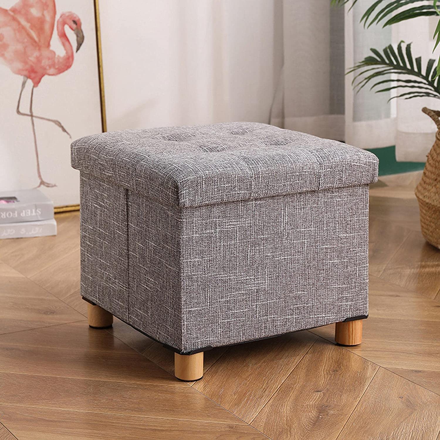 LMMIAOZ Footrest Ottoman with Storage, Square Foot Stool for Shoe Changing, Linen & Cotton Footrest for Living Room & Bedroom, Stylish Gray Accent Furniture