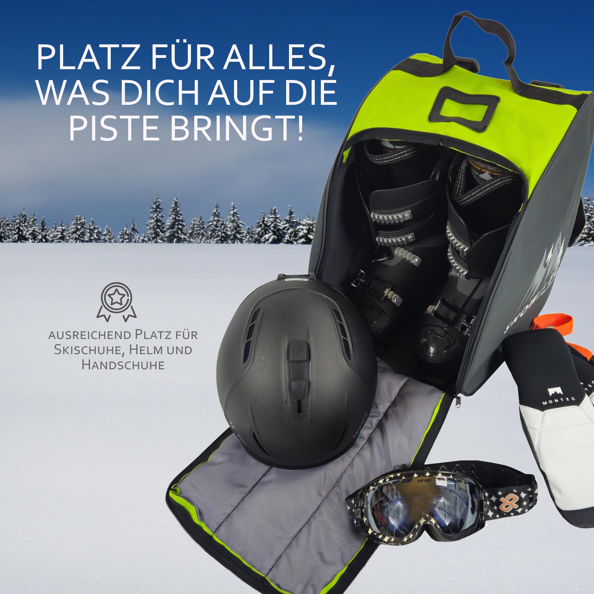 BambiniWelt by Rafael K. Kinder Skistiefeltasche [Ski-Schuh-Tasche für Kinder] Skiboots Rucksack integrierte Standfläche Platz für Boots Helm Skibrille Handschuhe Kinder-Skischuhrucksack