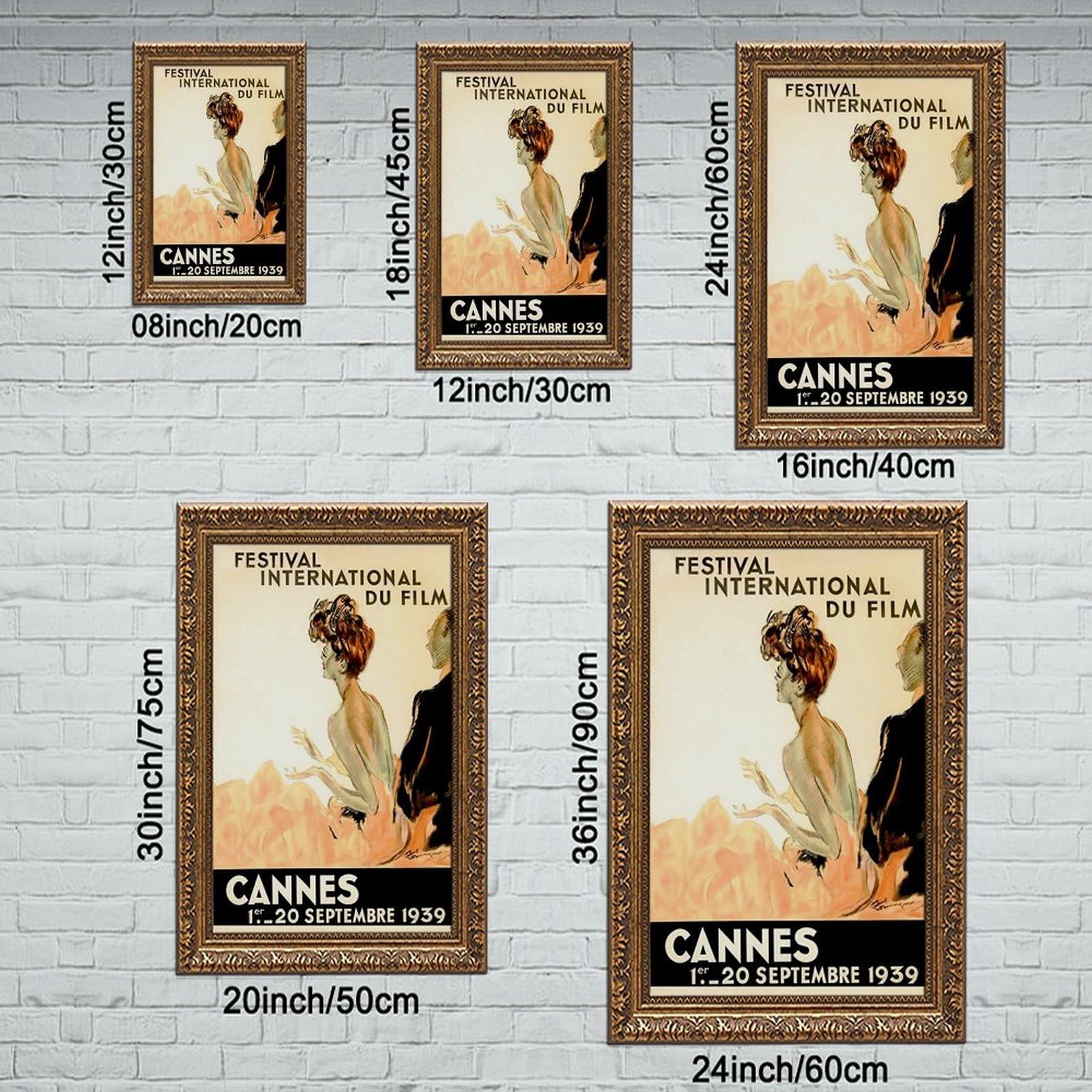 WCYB Festival International Du Film Fest 1939 Cannes Movie Fashion Couple Vintage Poster Stampe Canvas Deco Dipinti Wall Art Hangable Frame 20,3 cm L x 30,5 cm W