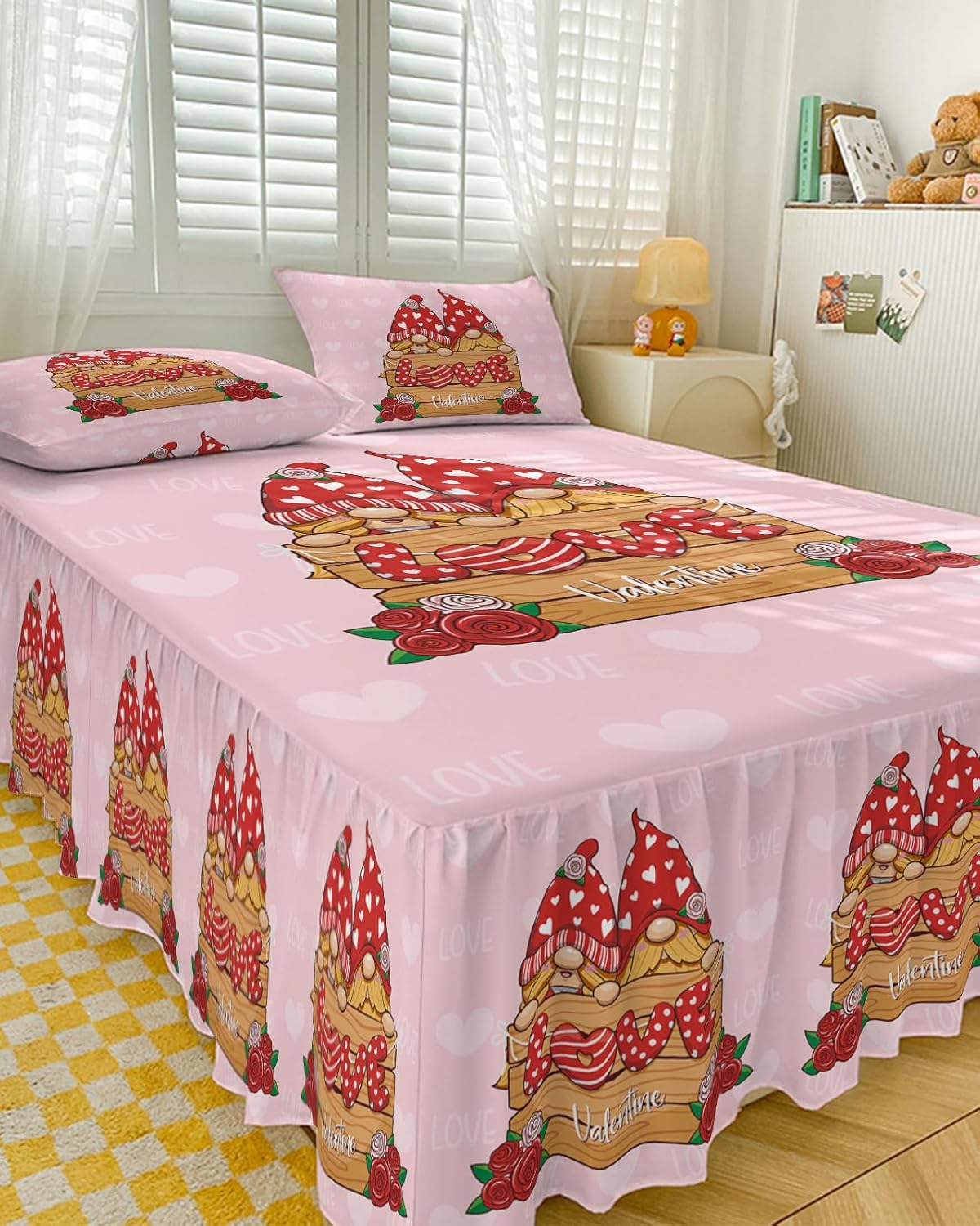 Valentine's Day Ruffle Skirt Bedspread for Twin XL Size Bed