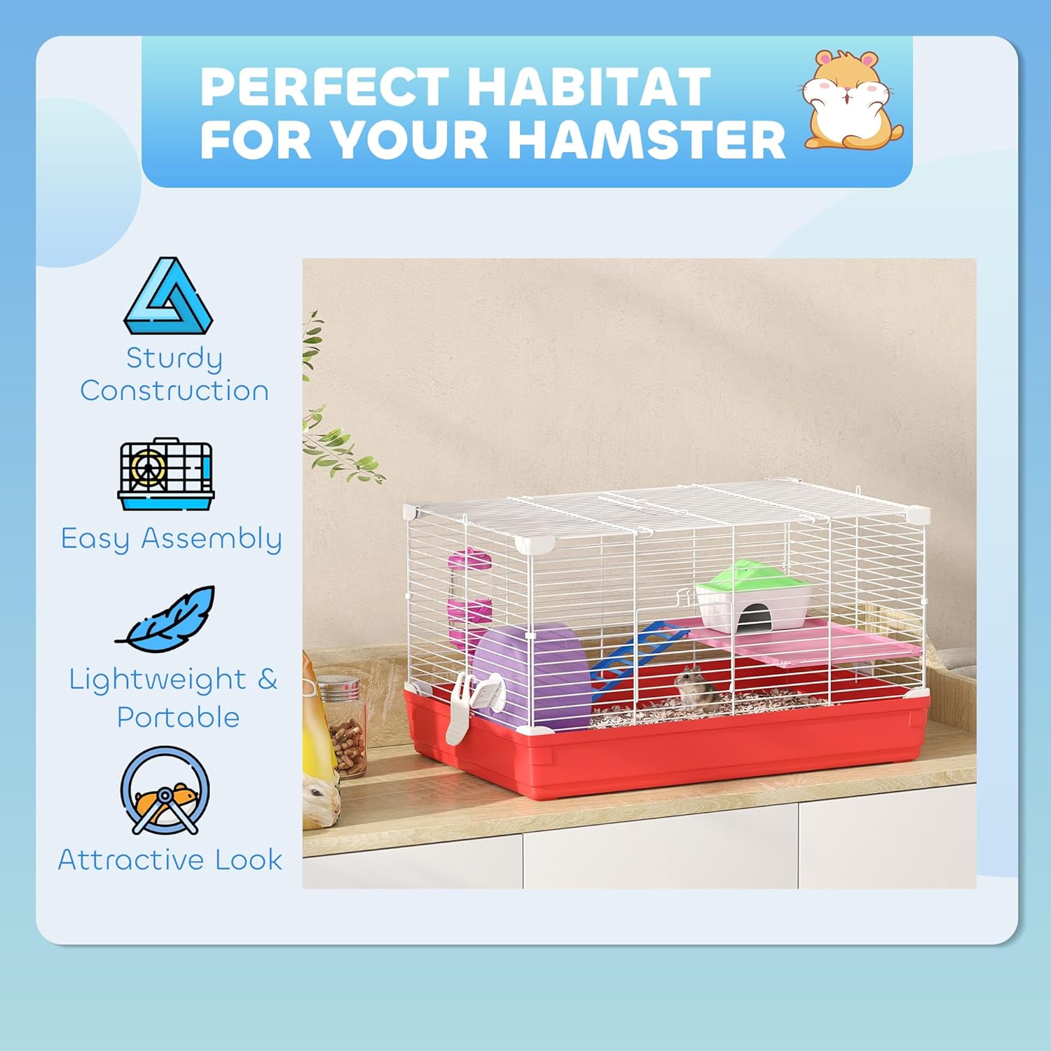 PawHut 18.5" Hamster Cage with Exercise Wheel and Water Bottle, Dish, Rat House and Habitat 2-Story Design, Red