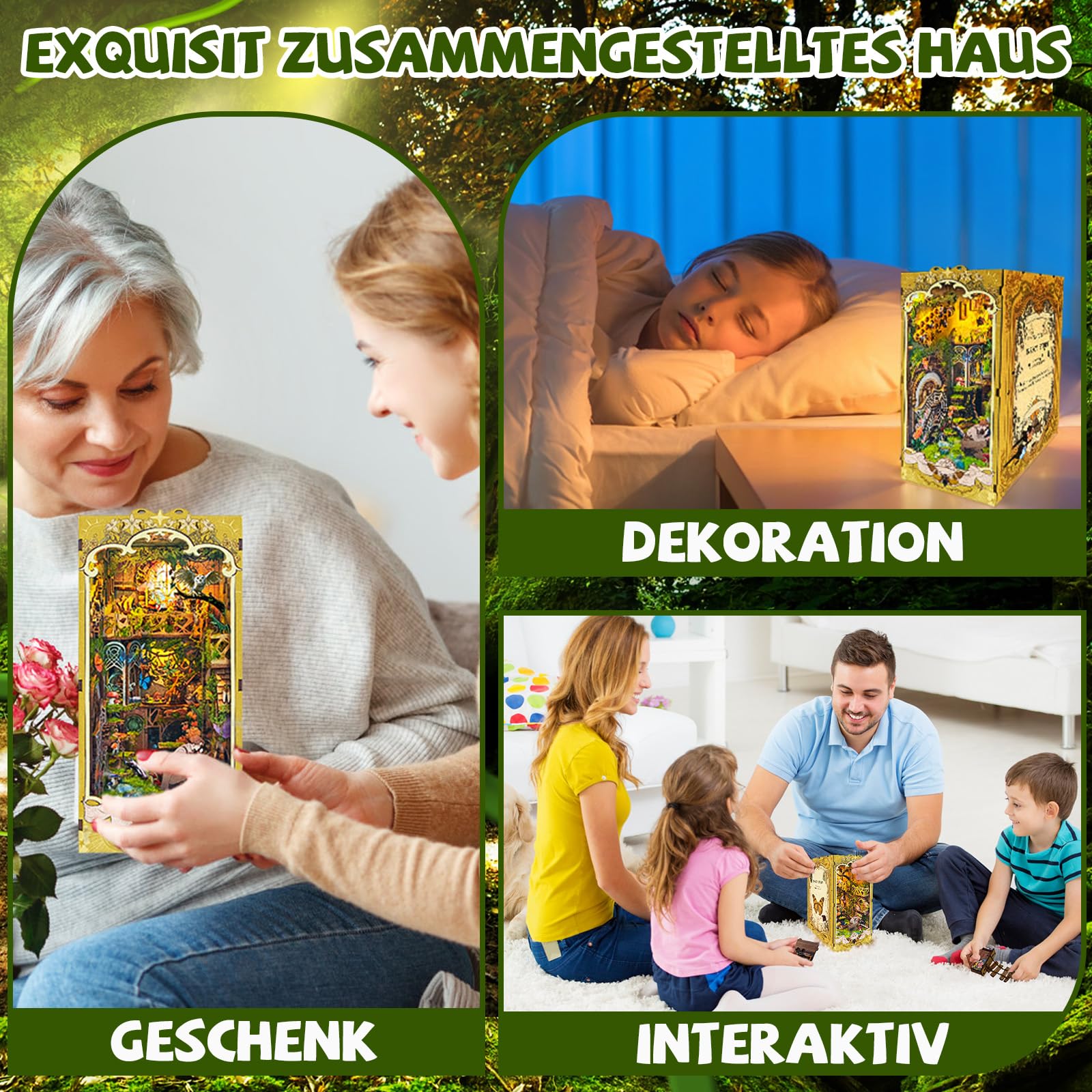 Ulikey DIY Book Nook, Fermalibri in Legno Book Nook 3D Kit per Casa Delle Bambole, Kit di Decorazione Della Libreria Con Luce LED e Istruzioni per Decorazioni e Regali Creativi