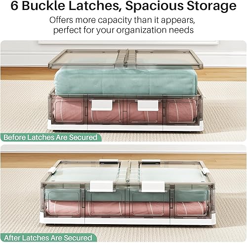 Miniatura 6 de Kitstorack Paquete de 2 contenedores de almacenamiento de plástico debajo de la cama con tapas y 8 ruedas preinstaladas, caja rodante bajo Rrofile