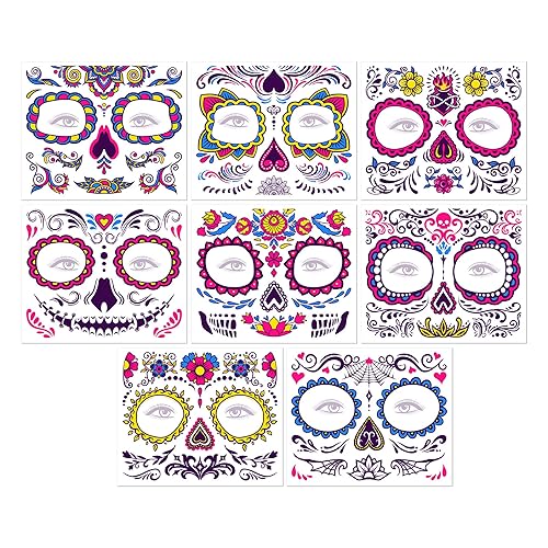 Miniatura 7 de Juego de 8 calcomanías fluorescentes para tatuajes faciales, calcomanías corporales que brillan en los rayos UV, neón, tatuajes temporales para