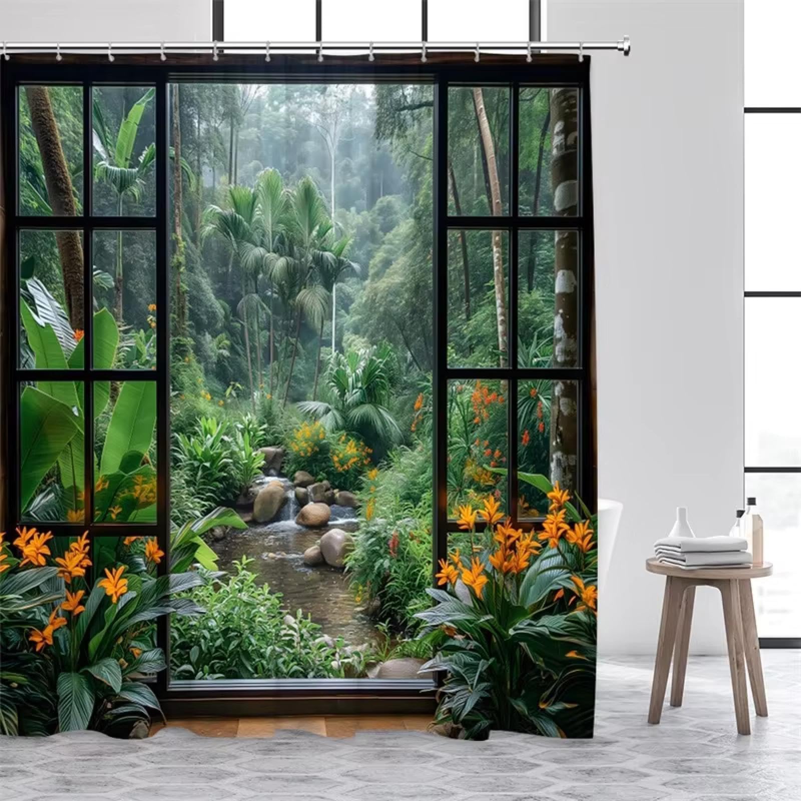 Rideau de salle de bain cascade et palmier anti-moisissure étanche