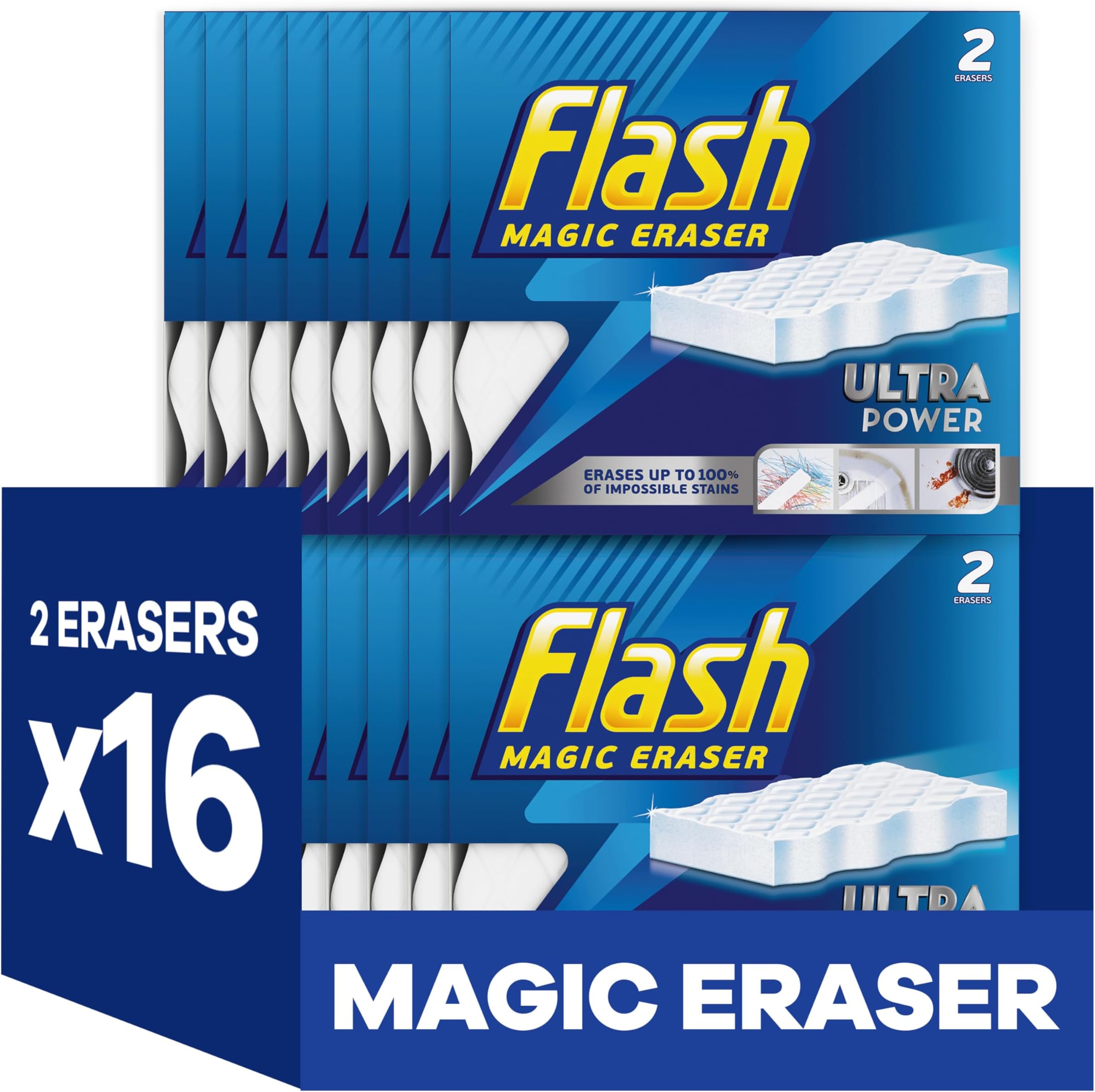 Ultra Power Magic Eraser, Stain Remover, 32 Erasers (16x2), Multi Surface Cleaner