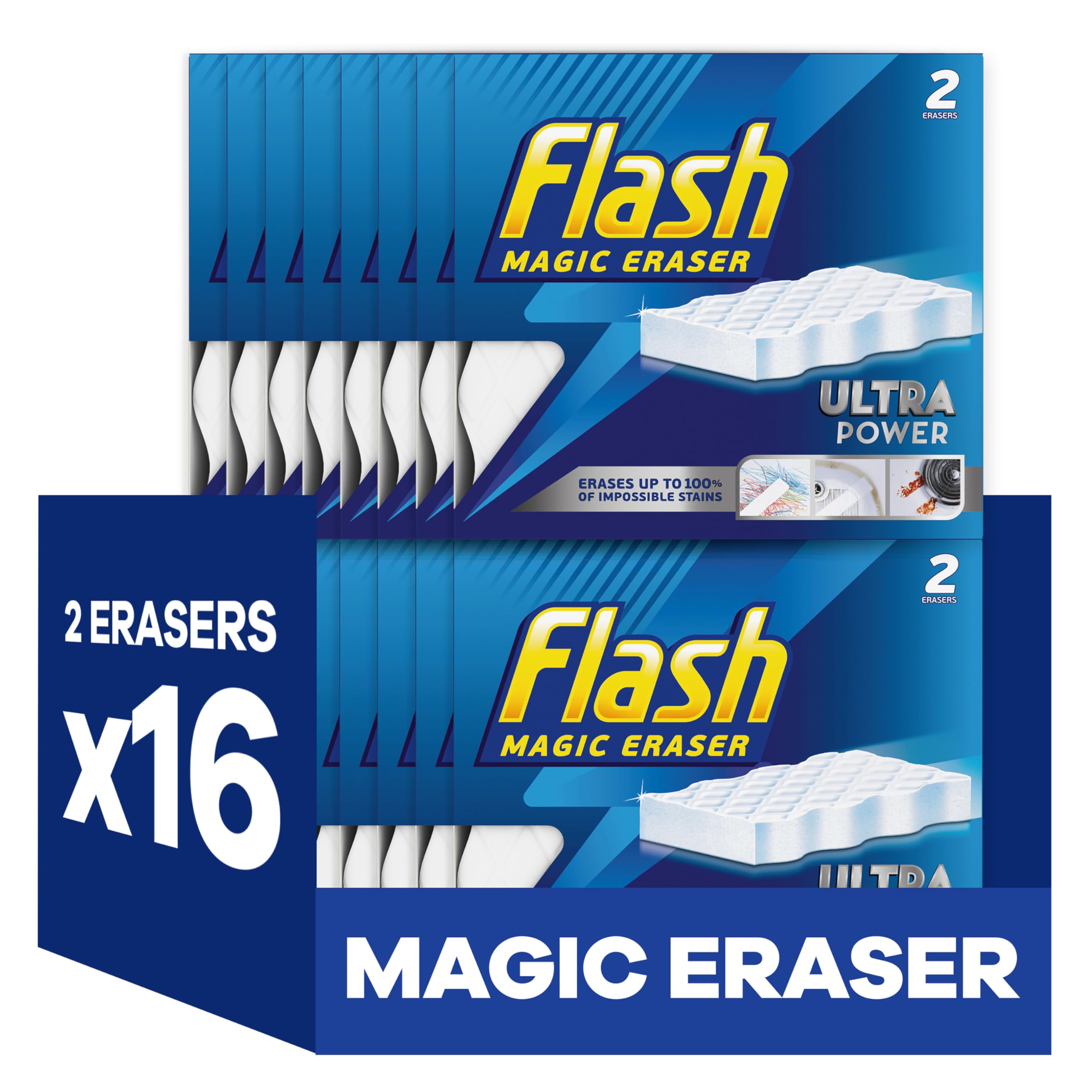 Flash Ultra Power Magic Eraser, Stain Remover, 32 Erasers (16x2), Multi Surface Cleaner
