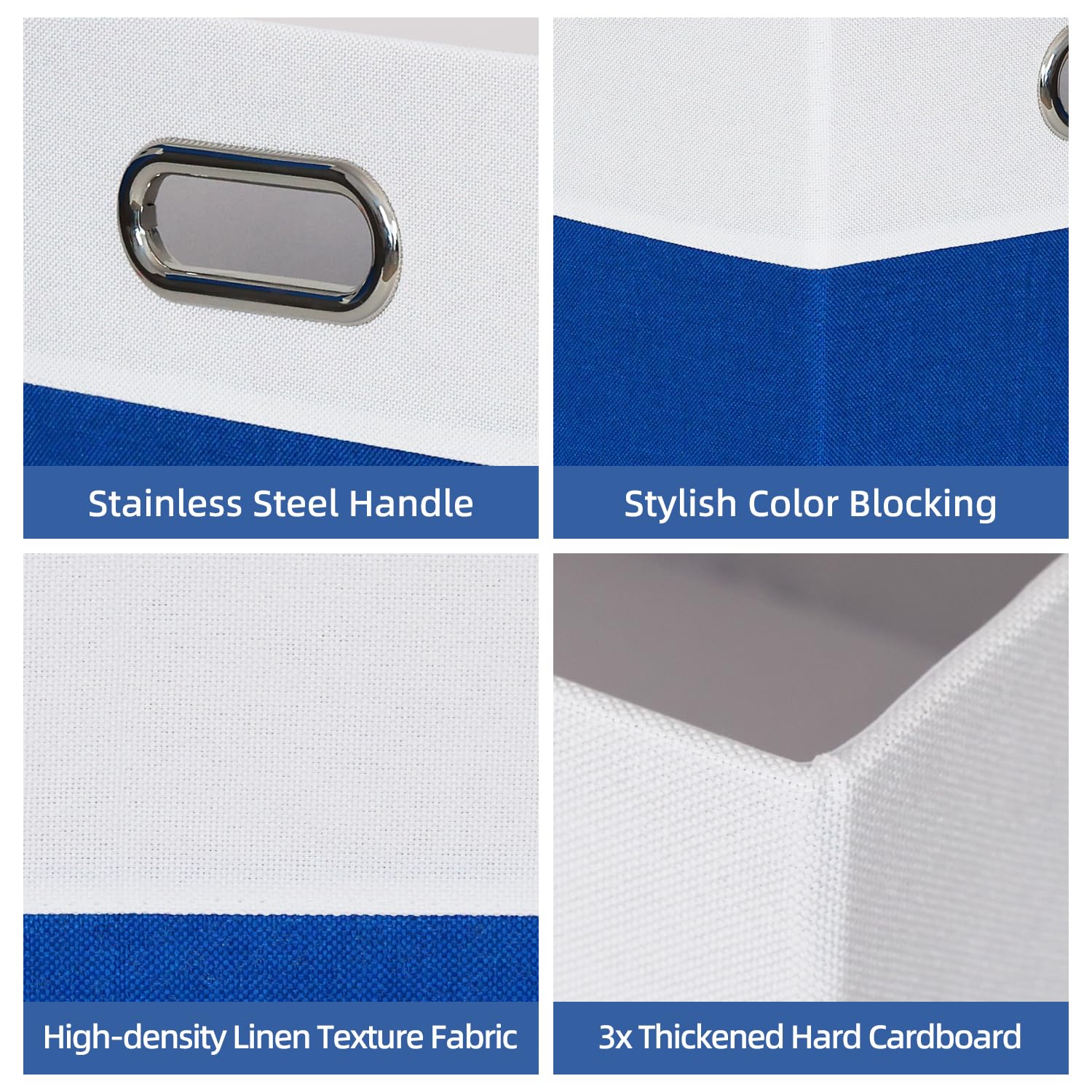 3 Stück Aufbewahrungsbox aus Stoff, Faltbare Ordnungsboxen mit Metallgriff, Boxen Aufbewahrung, Faltbox, Aufbewahrung für Kleidung, Geeignet für Schränke, Büros, 38x28x24 cm (Weiß & Blau)