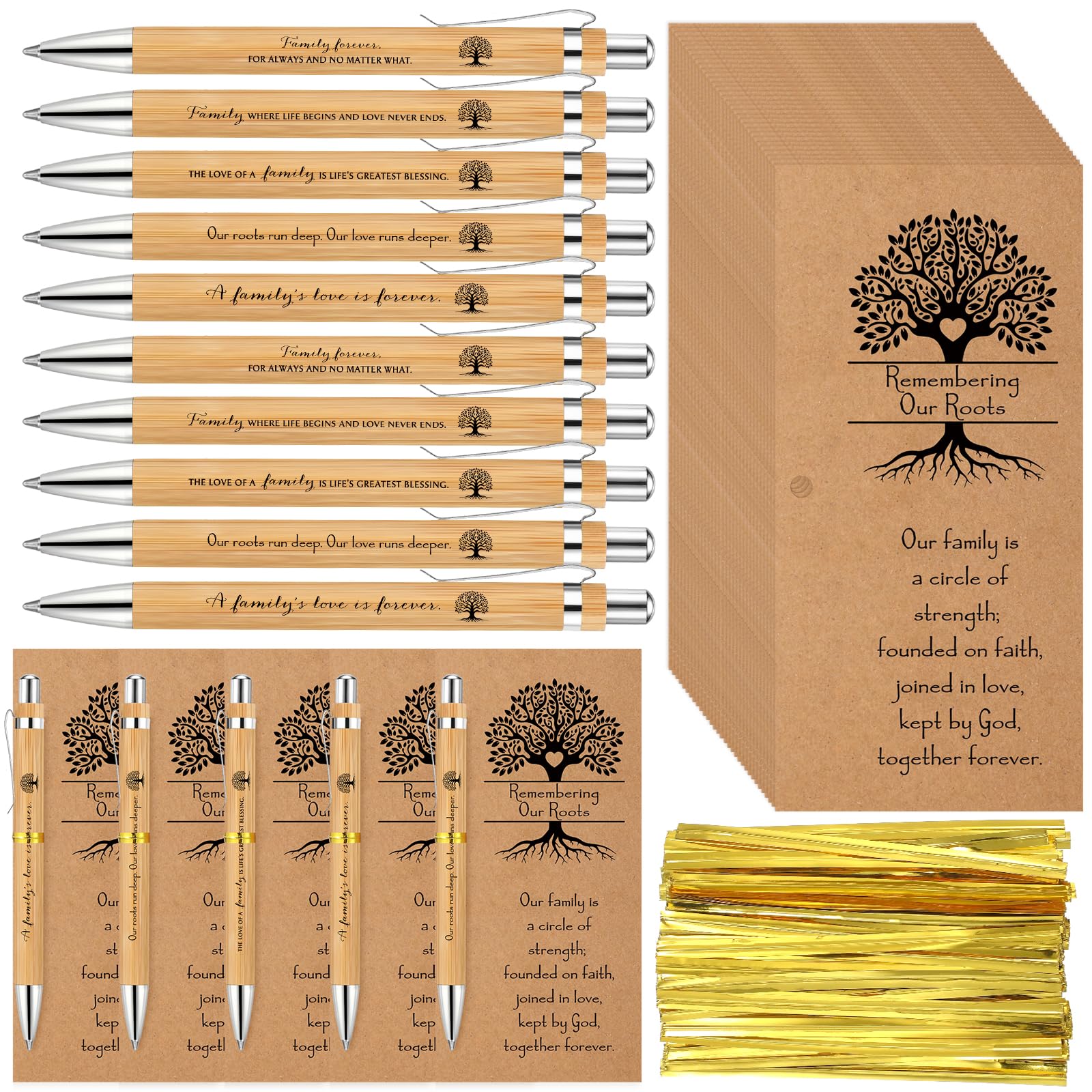Sets Family Reunion Favor Appreciation Bamboo Pen Gift Inspirational Ballpoint Pen with Remembering Our Roots Greeting Card Family Reunion Gifts Party Favor for Guest(50)