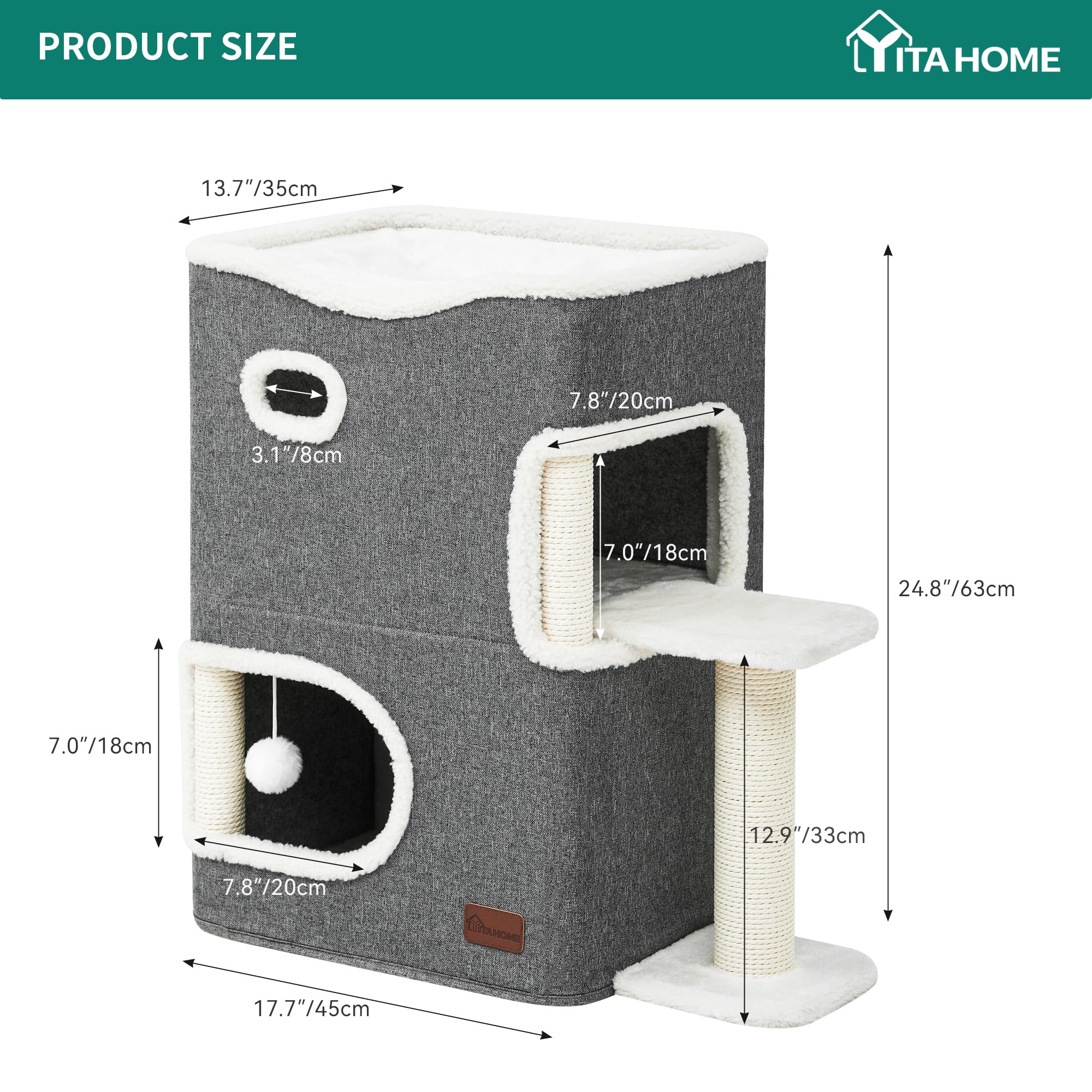 Kattenkrabpaal 77 cm met dubbele condos voor binnenkatten, alles-in-één