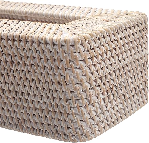 Miniatura 5 de Cubierta de caja de pañuelos de ratán tejido natural porta servilletas faciales rectangular 10 x 6.1 x 4.1 pulgadas (blanco)