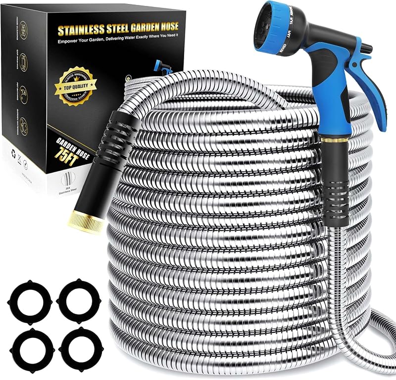 Manguera de jardín de metal de 75 pies - Manguera de agua de acero inoxidable 304 | Flexible, resistente, sin torceduras, a prueba de fugas, con mango mejorado y boquilla rociadora para jardín, jardín, baño de mascotas, limpieza al aire libre