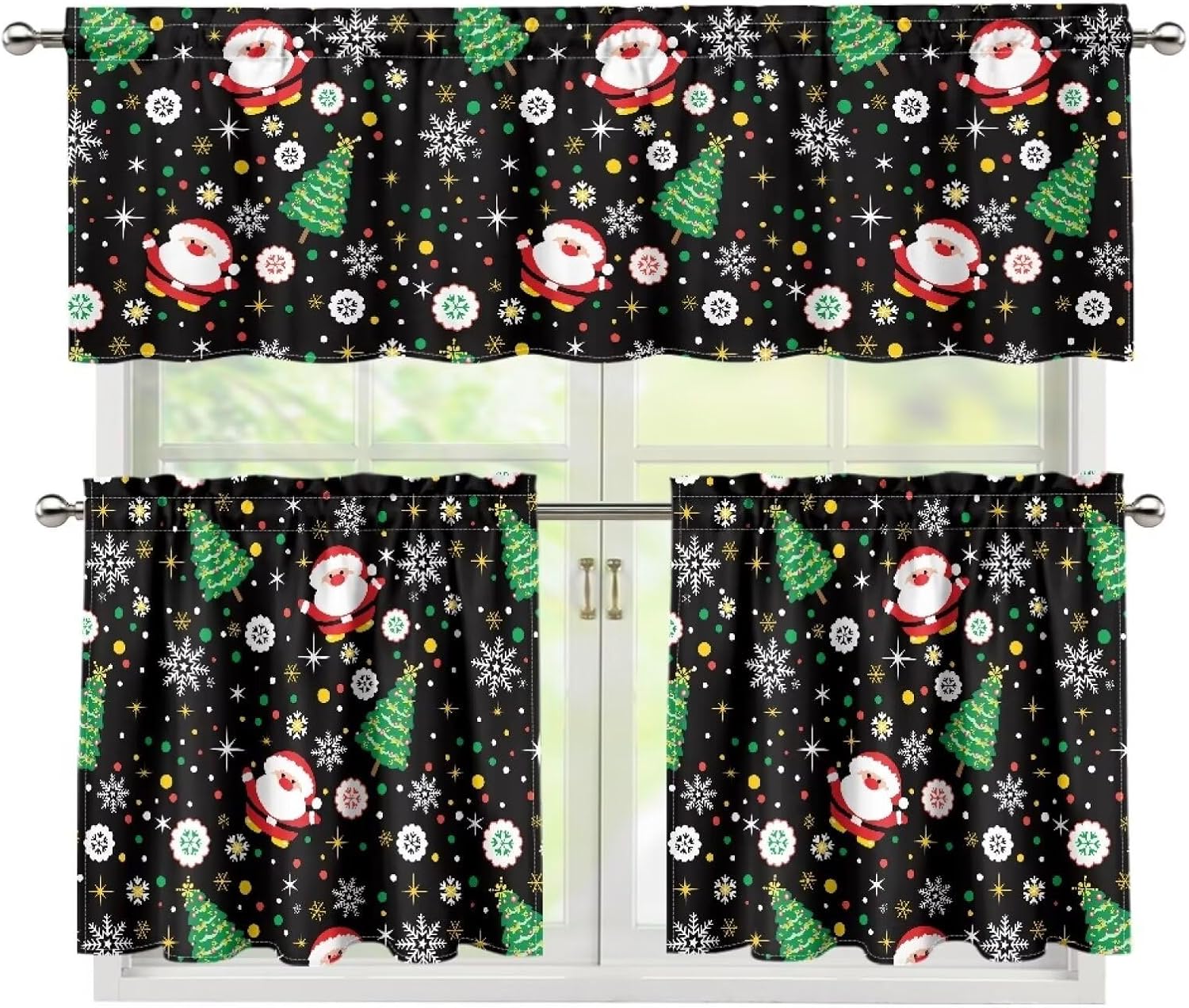 Santa Claus Kitchen Curtains Grey Window Curtains Valance and Tier Set of 3, White Modern Rod Pocket Short Tier Curtain, Abstract Art Small Cafe Curtains for Kitchen Decor