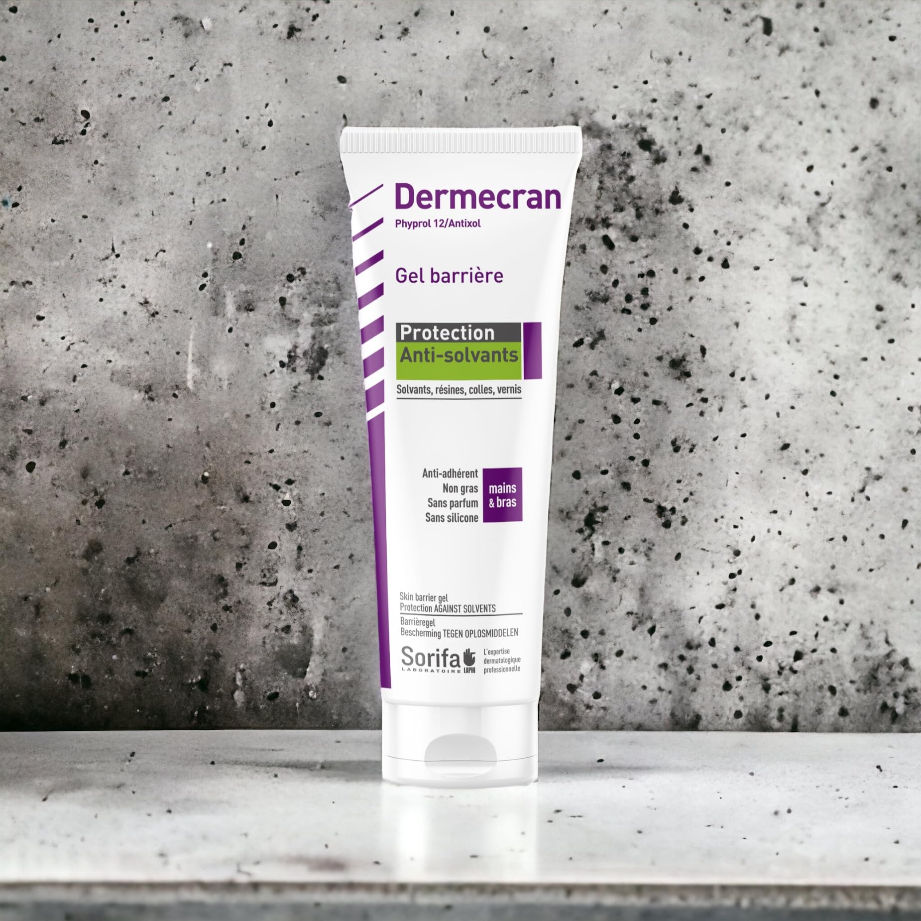 Lot de 3 – Dermécran – Gel barrière - Protection ANTI-SOLVANTS – Solvants, résines, colles, vernis – Mains, visage, corps – Formule haute tolérance - Sans parfum – Tube 125 ml.