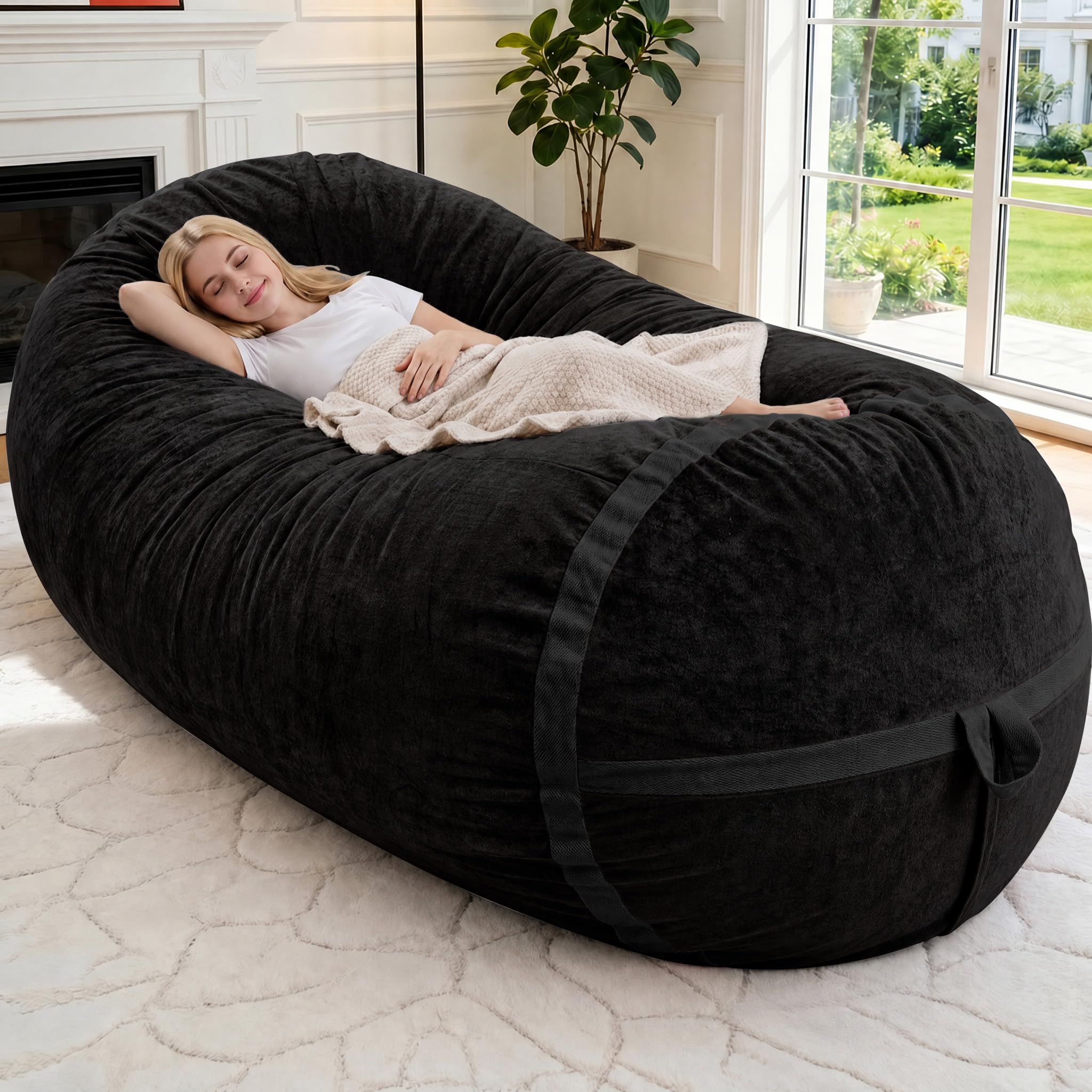HABUTWAY 6FT Bean Bag Chair,Giant BeanBag Chairs with Memory Foam Filled, Ultra-Soft Velvet with Portable Handle & Removable Cover, Comfy Bean Bag Sofa for Living Room, No Assembly - Black